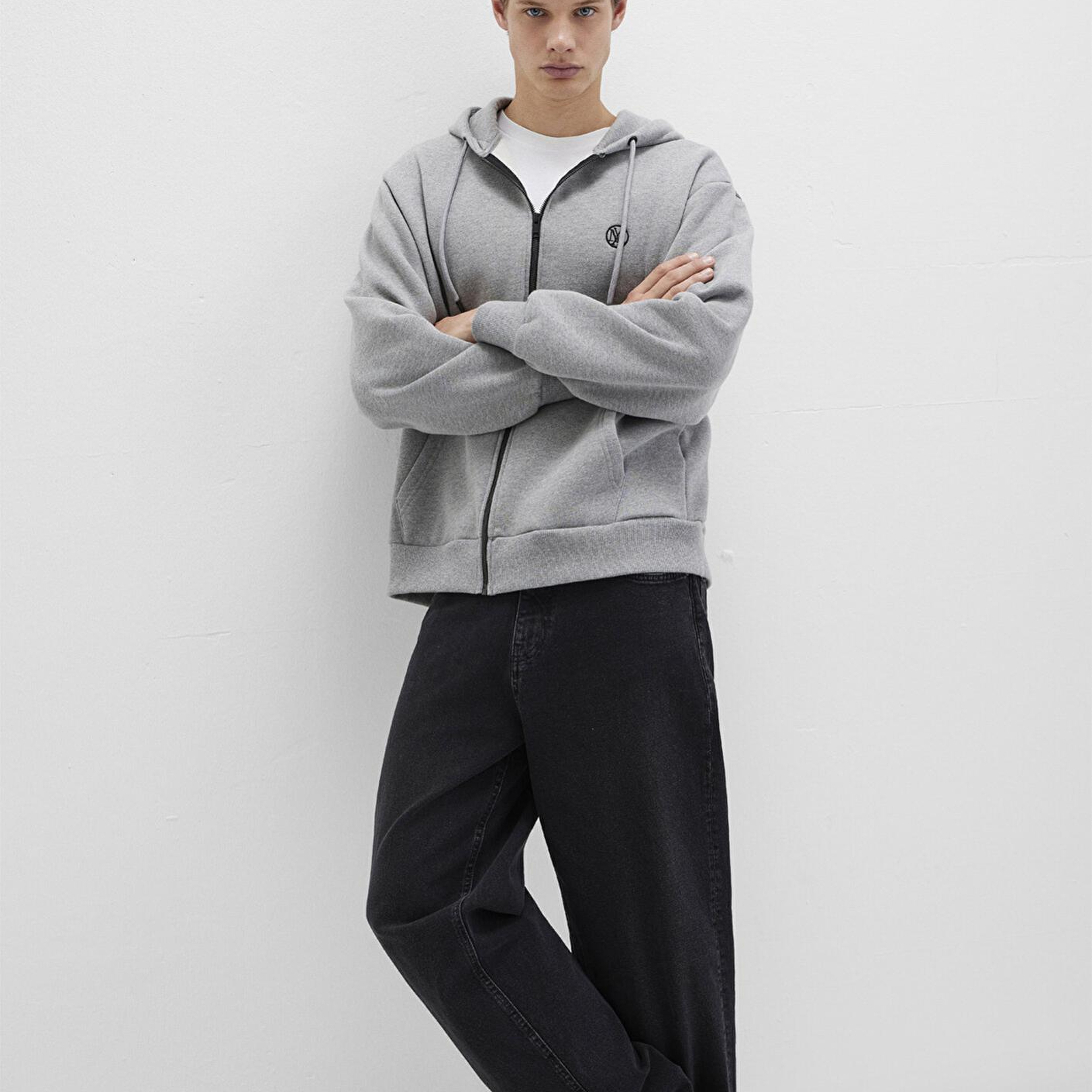 Mavi Mühür Logo Nakışlı Kapüşonlu Fermuarlı Gri Sweatshirt 066979-34686