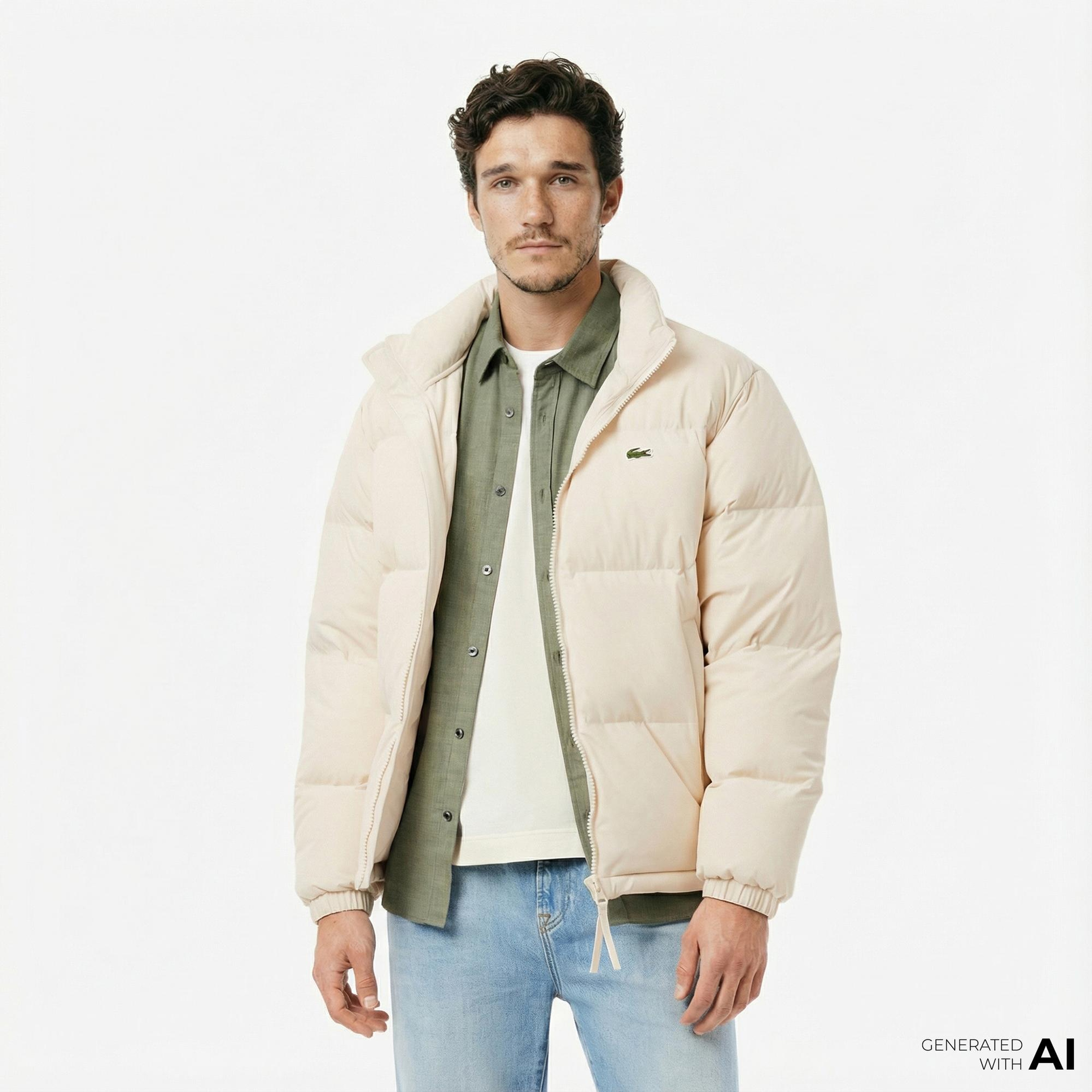 Lacoste Erkek Relaxed Fit Kapüşonlu Krem Mont