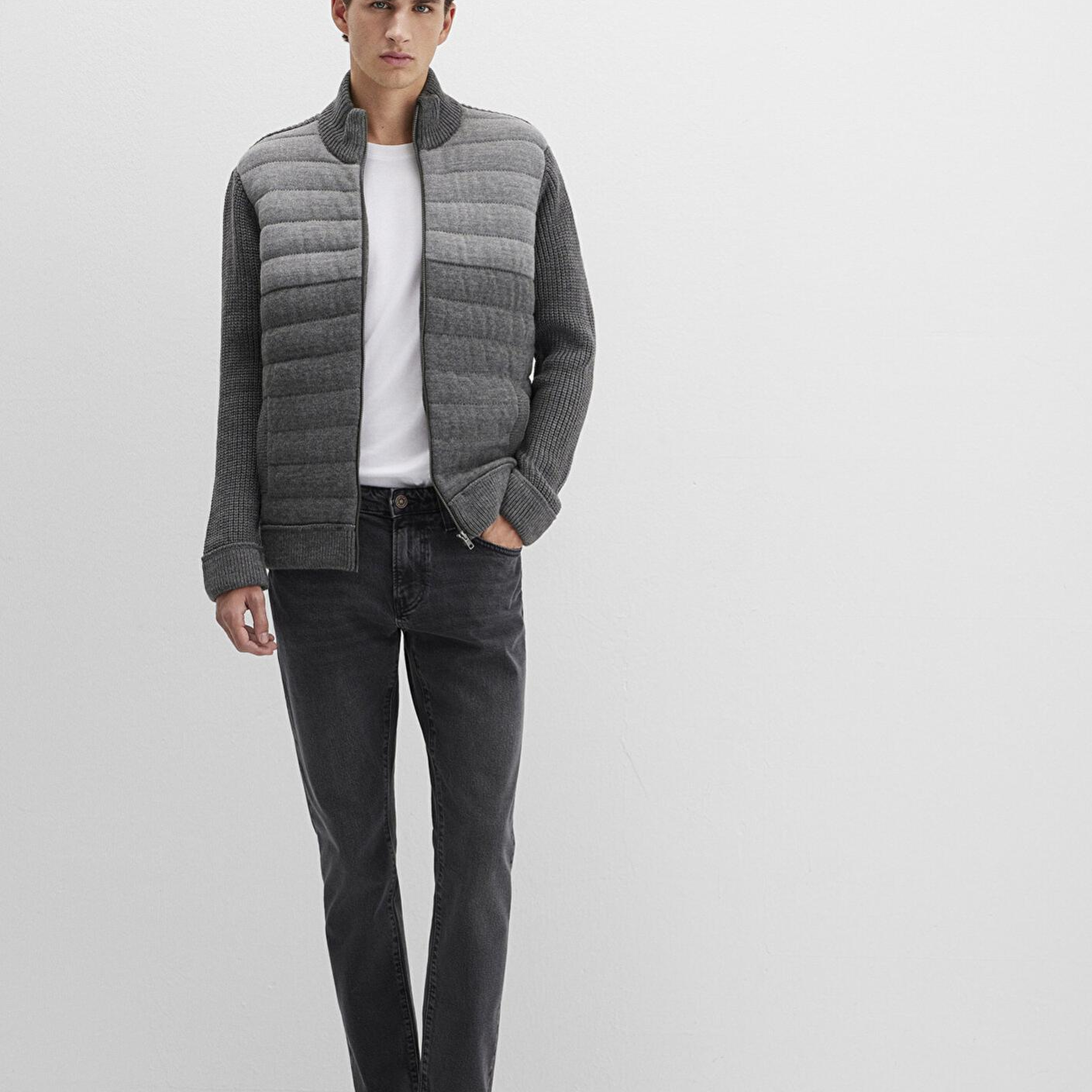 Mavi Fermuarlı Gri Triko Hırka Slim Fit / Dar Kesim 070804-34686