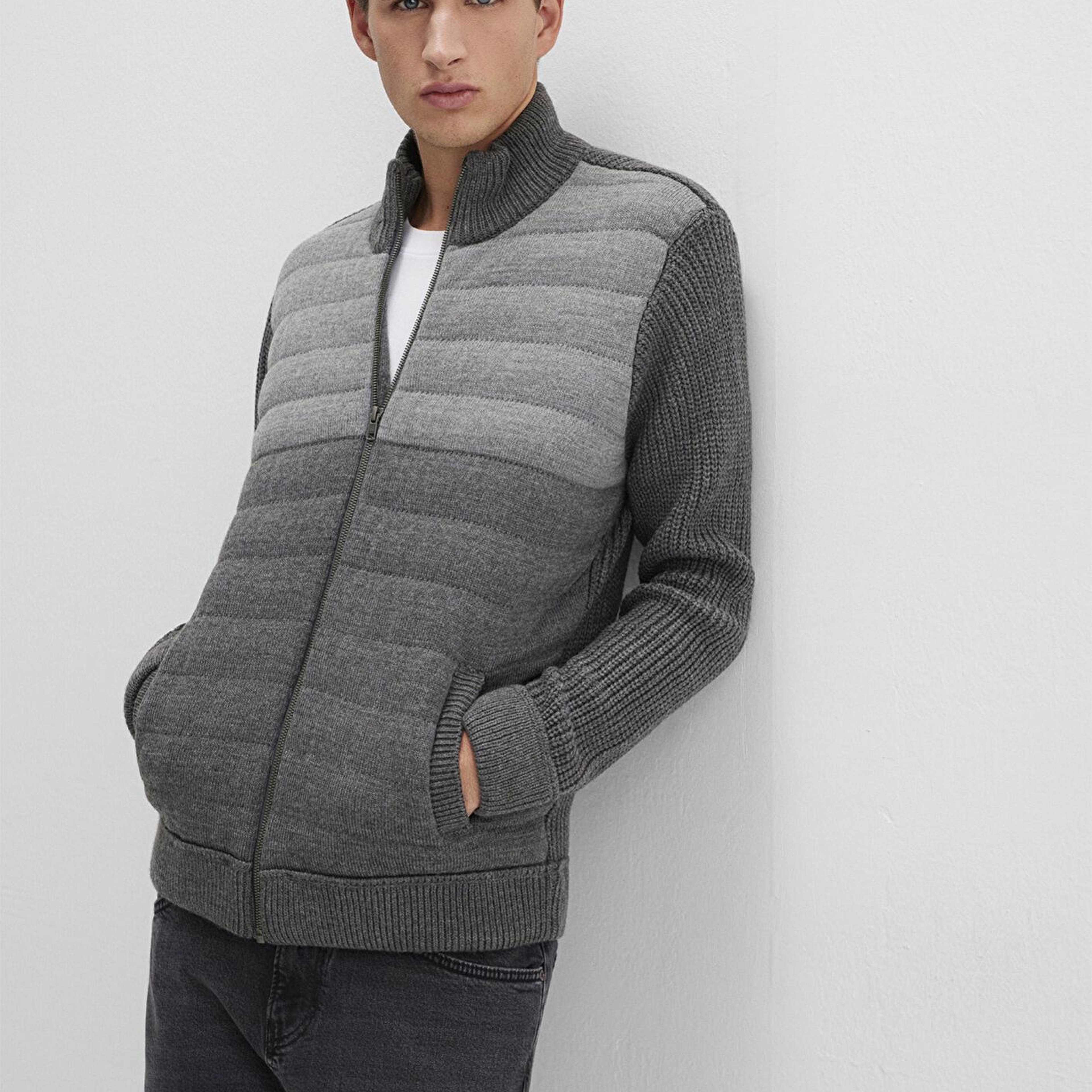 Mavi Fermuarlı Gri Triko Hırka Slim Fit / Dar Kesim 070804-34686