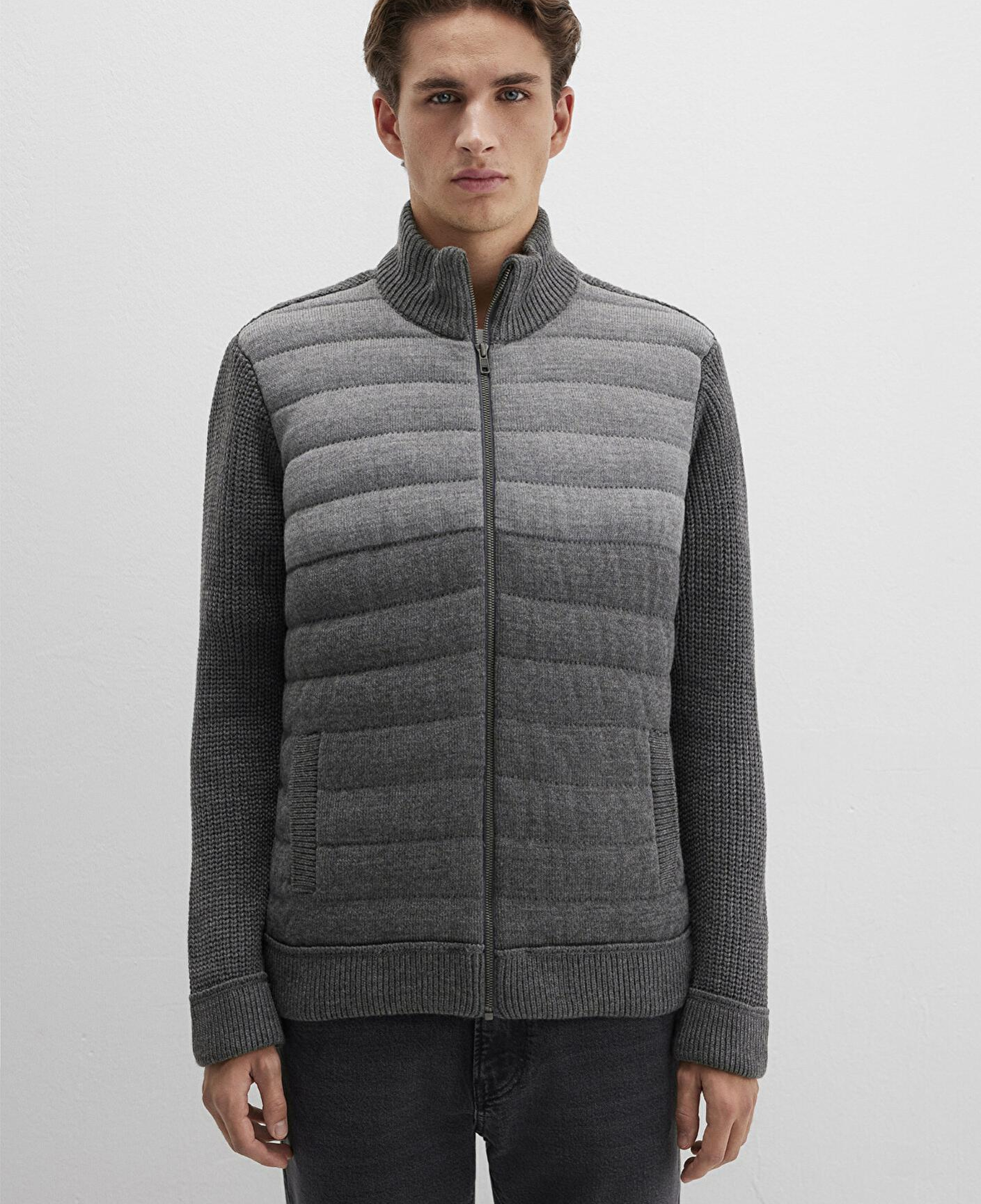 Mavi Fermuarlı Gri Triko Hırka Slim Fit / Dar Kesim 070804-34686
