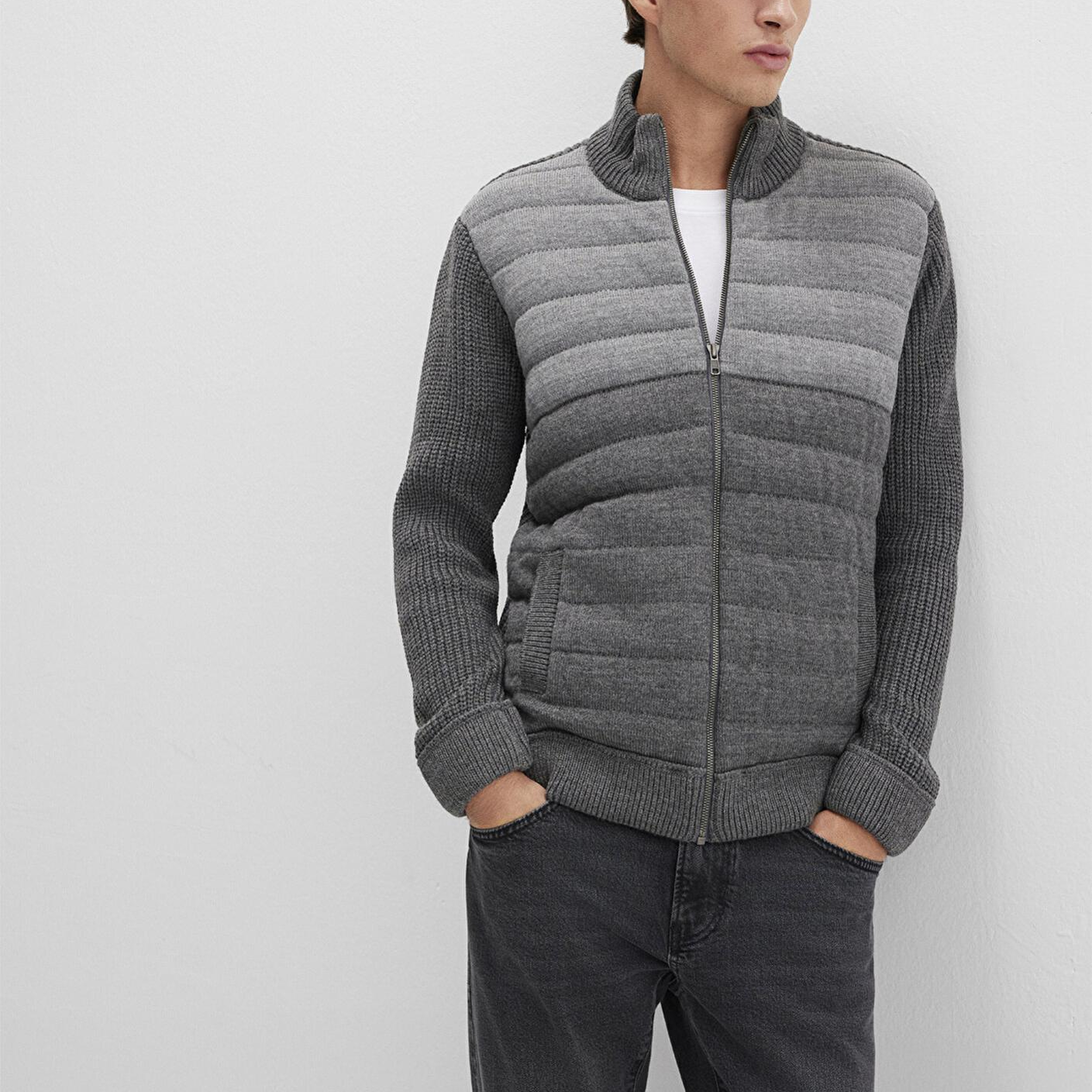 Mavi Fermuarlı Gri Triko Hırka Slim Fit / Dar Kesim 070804-34686