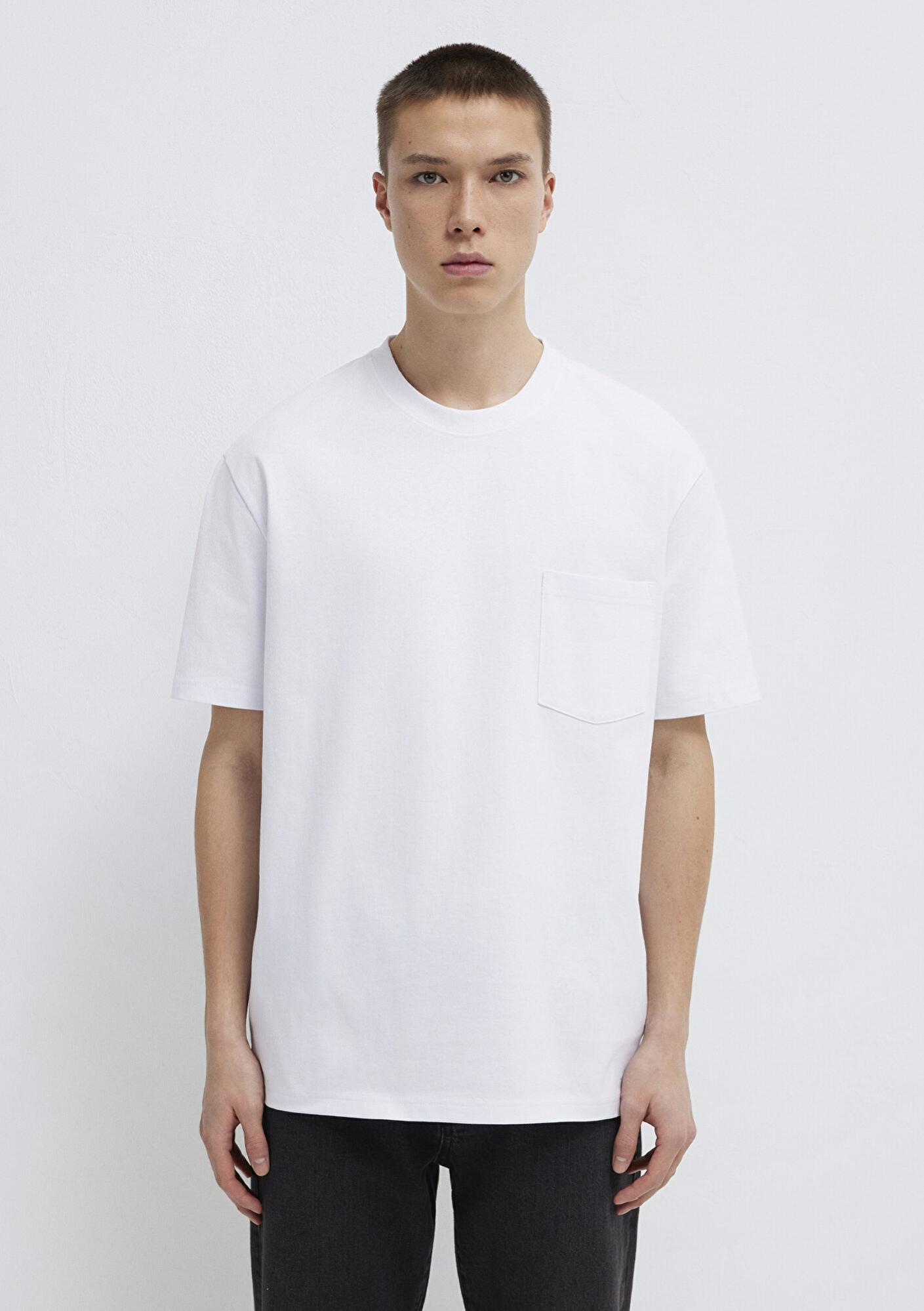 Mavi Cep Detaylı Beyaz Basic Tişört Loose Fit / Bol Rahat Kesim 066248-620