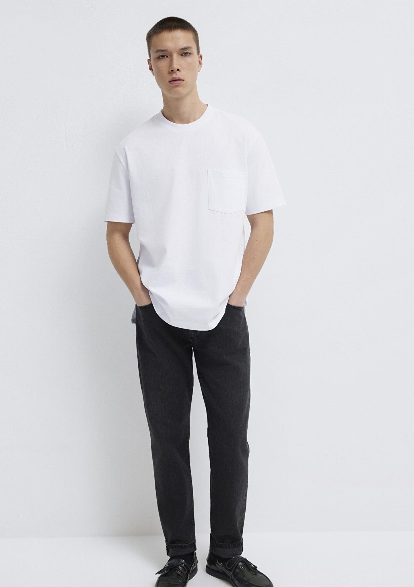 Mavi Cep Detaylı Beyaz Basic Tişört Loose Fit / Bol Rahat Kesim 066248-620