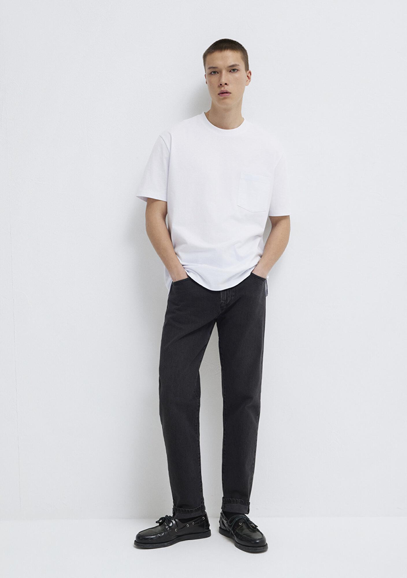 Mavi Cep Detaylı Beyaz Basic Tişört Loose Fit / Bol Rahat Kesim 066248-620