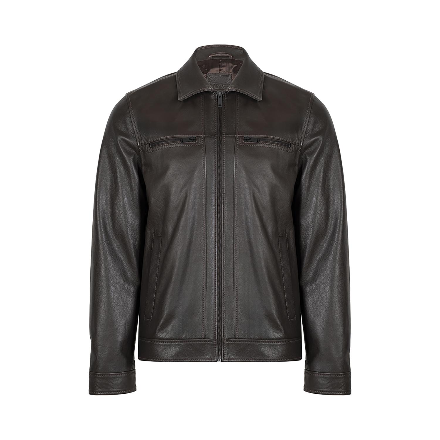 Erkek Kahve Gömlek Yakalı Deri Ceket