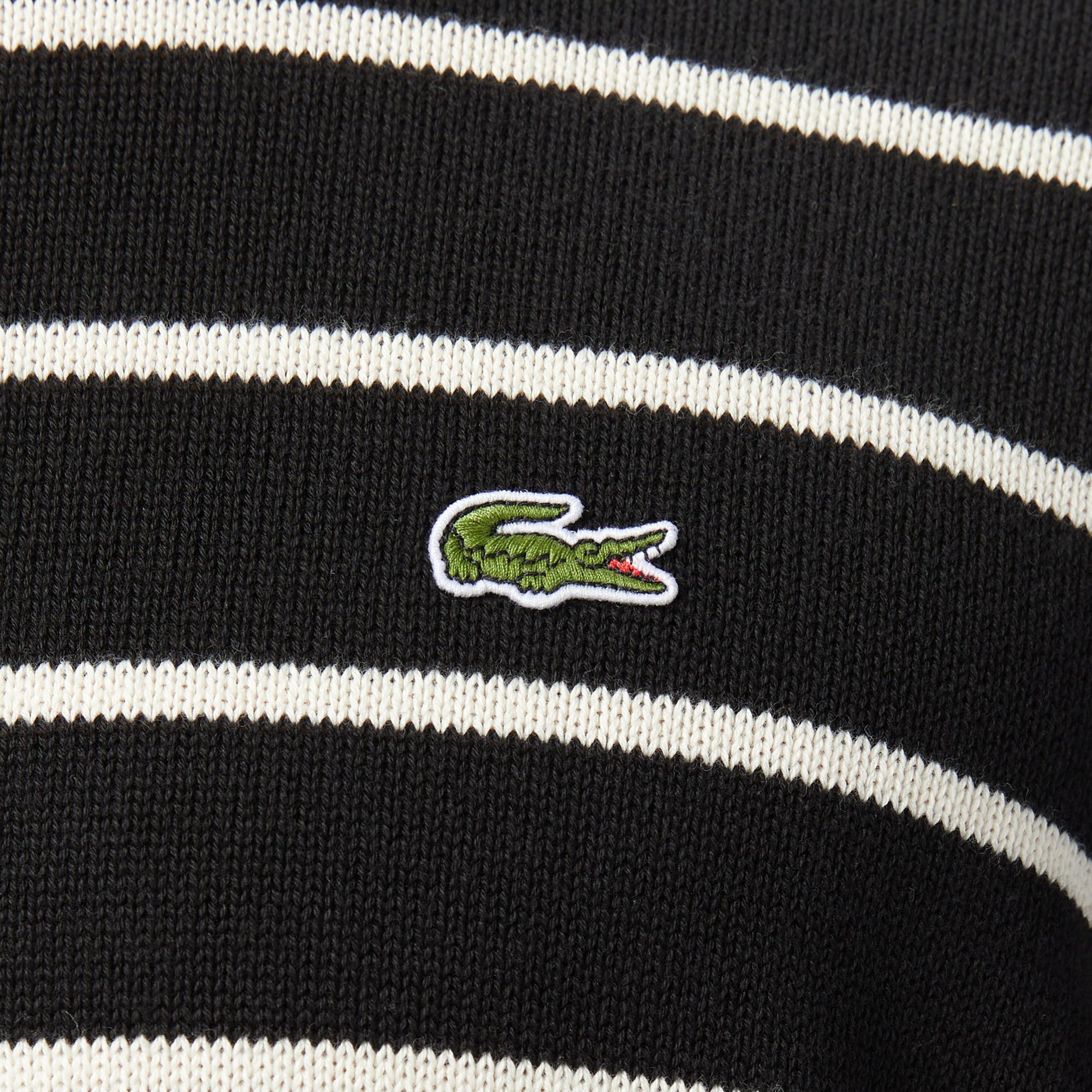 Lacoste Erkek Classic Fit Bisiklet Yaka Çizgili Siyah Kazak