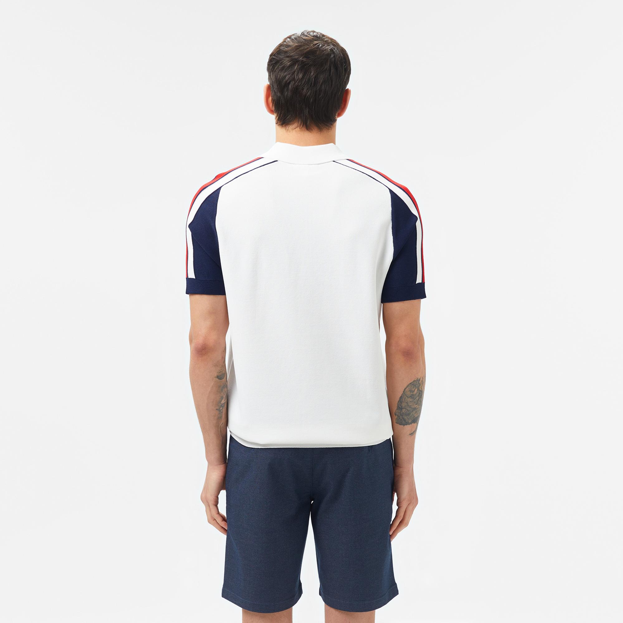 Lacoste Erkek Kısa Kollu Yarım Fermuarlı Renk Bloklu Beyaz Triko