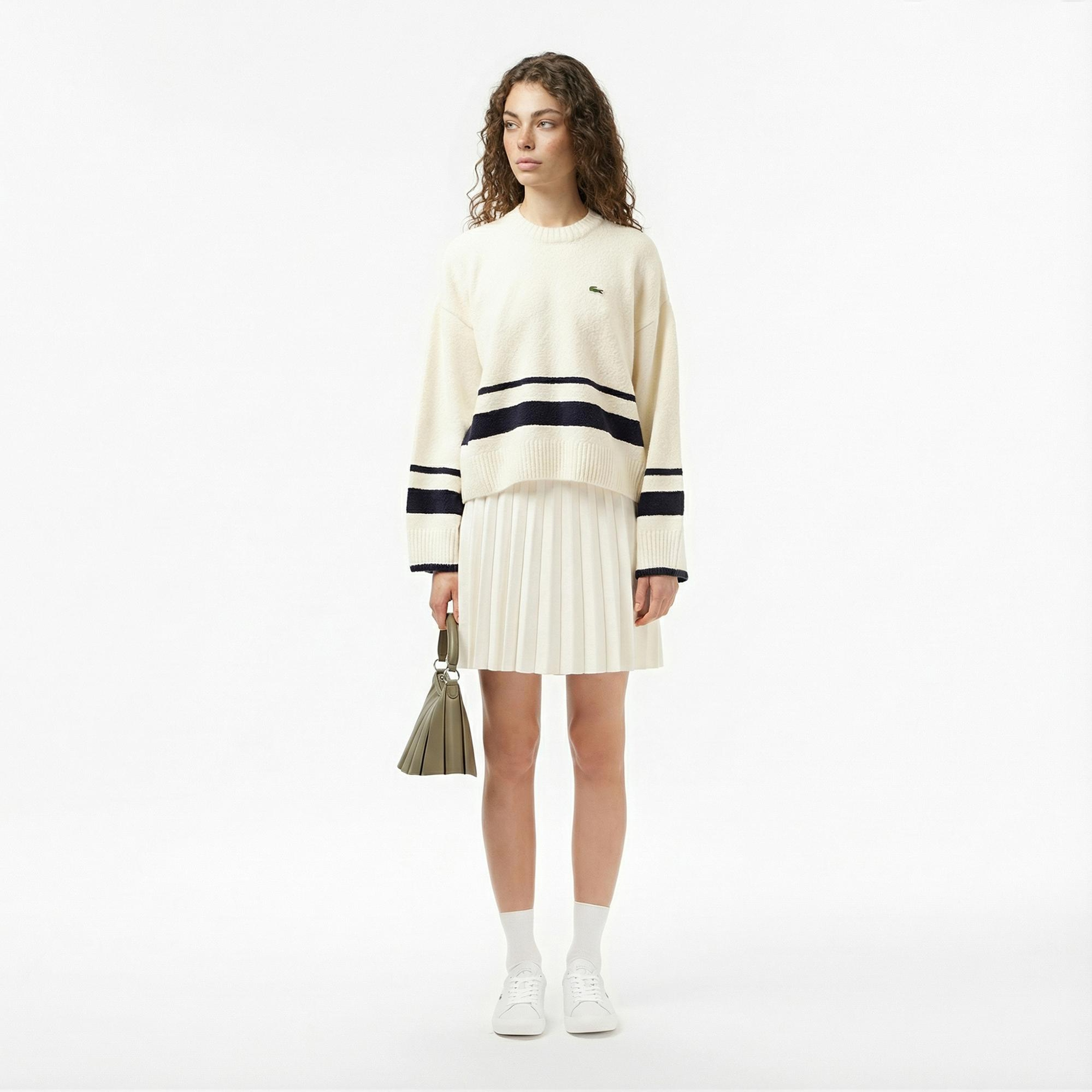 Lacoste Kadın Loose Fit Bisiklet Yaka Çizgili Krem Kazak