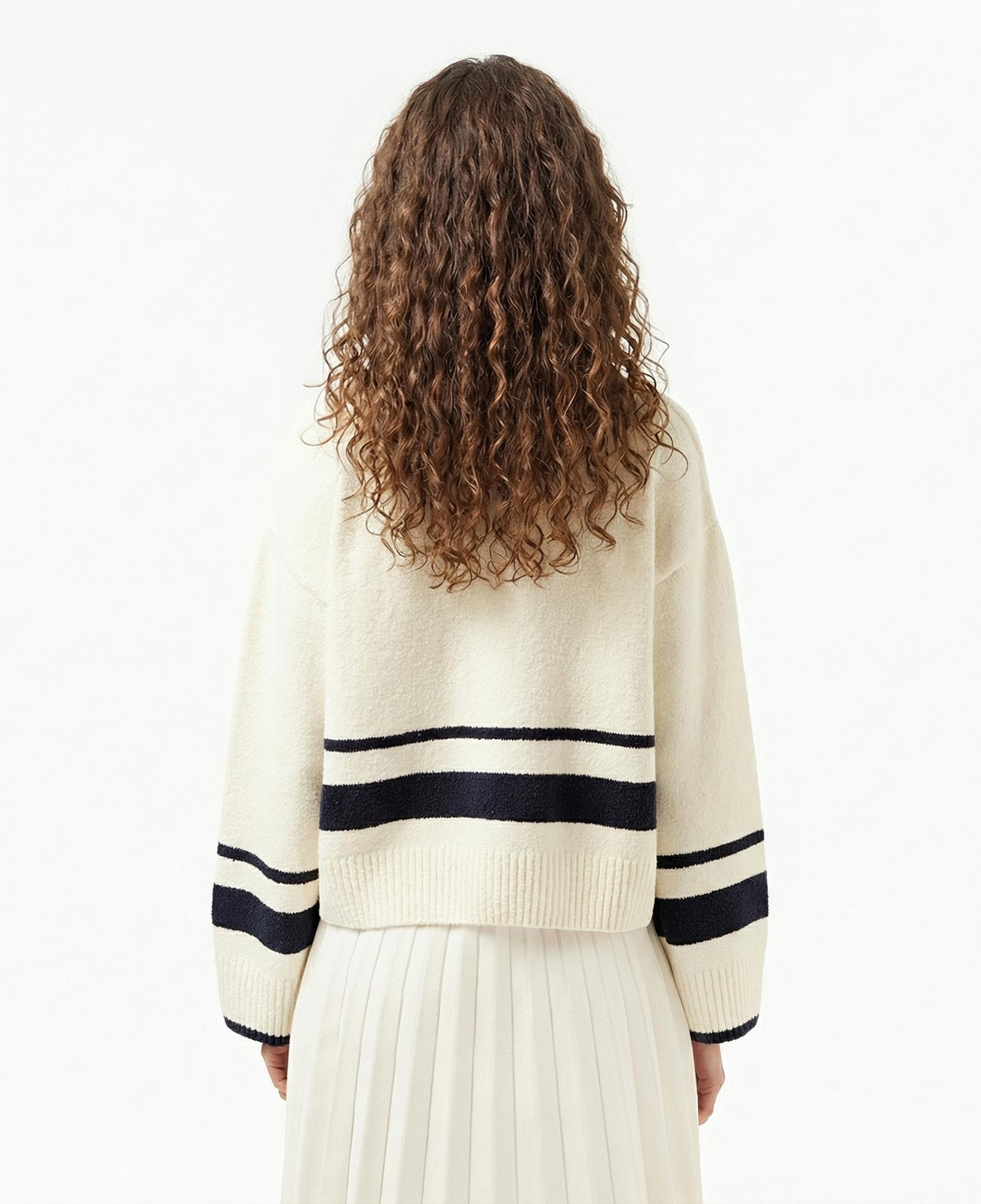 Lacoste Kadın Loose Fit Bisiklet Yaka Çizgili Krem Kazak