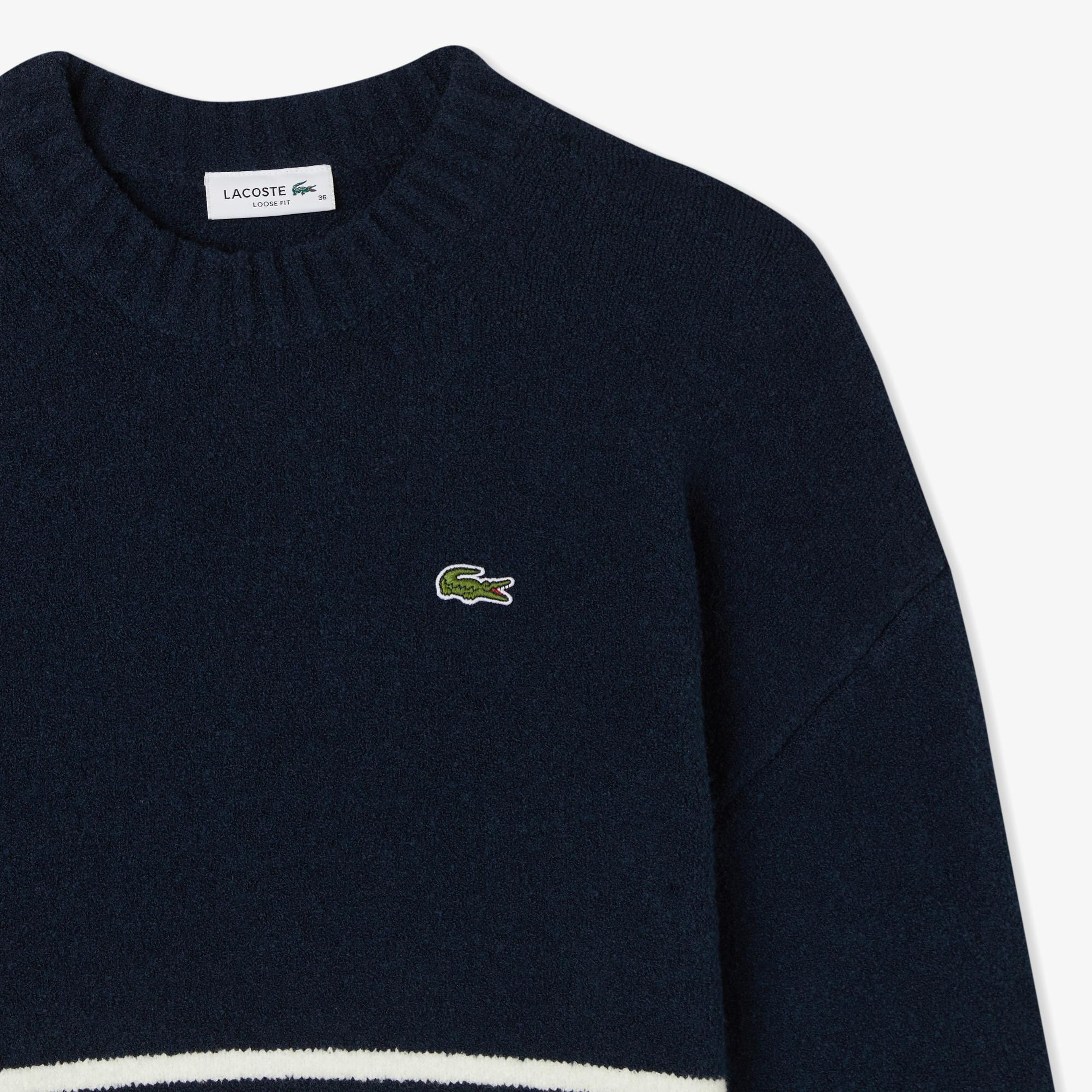 Lacoste Kadın Loose Fit Bisiklet Yaka Çizgili Lacivert Kazak
