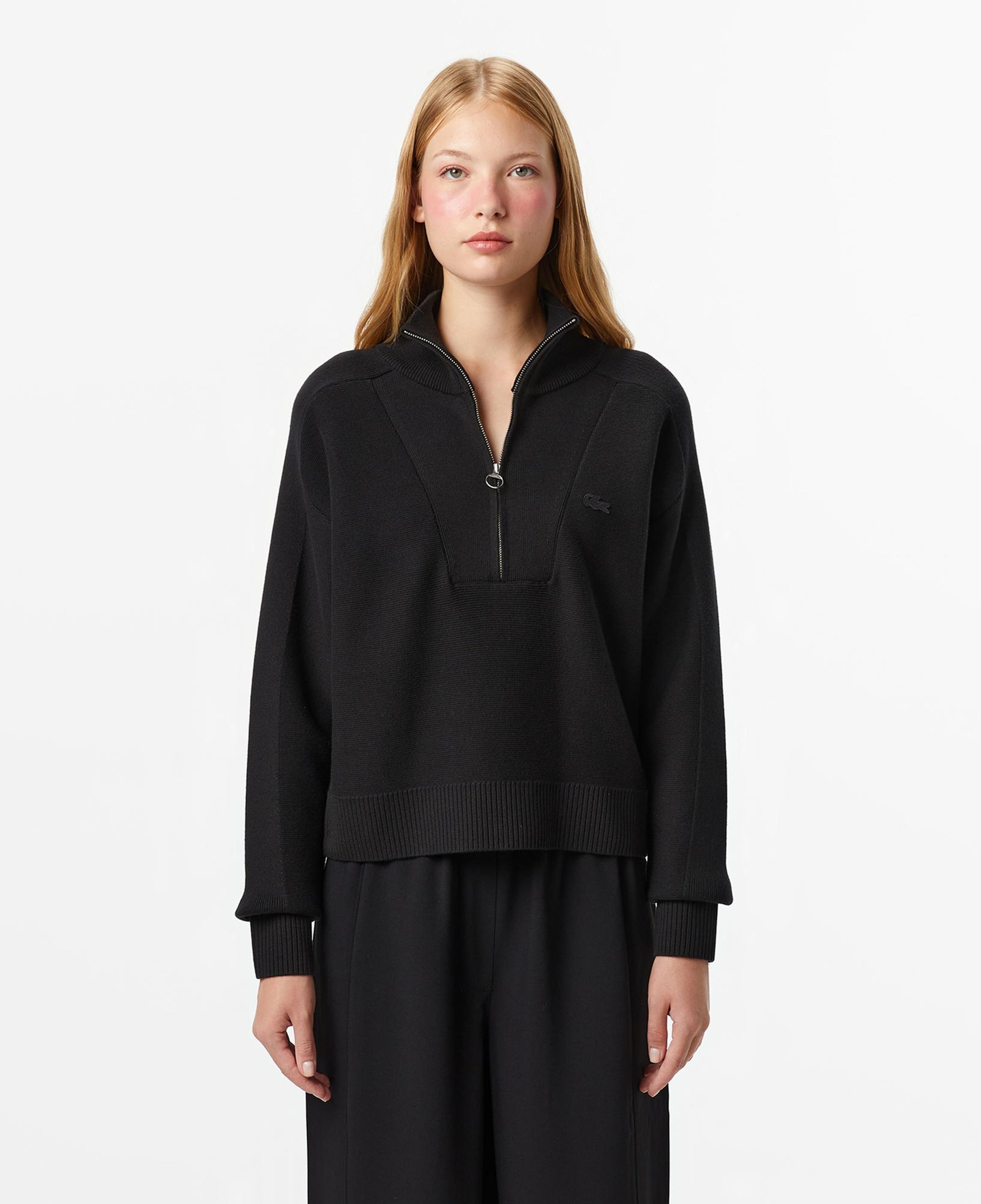Lacoste Kadın Classic Fit Yarım Fermuarlı Siyah Kazak