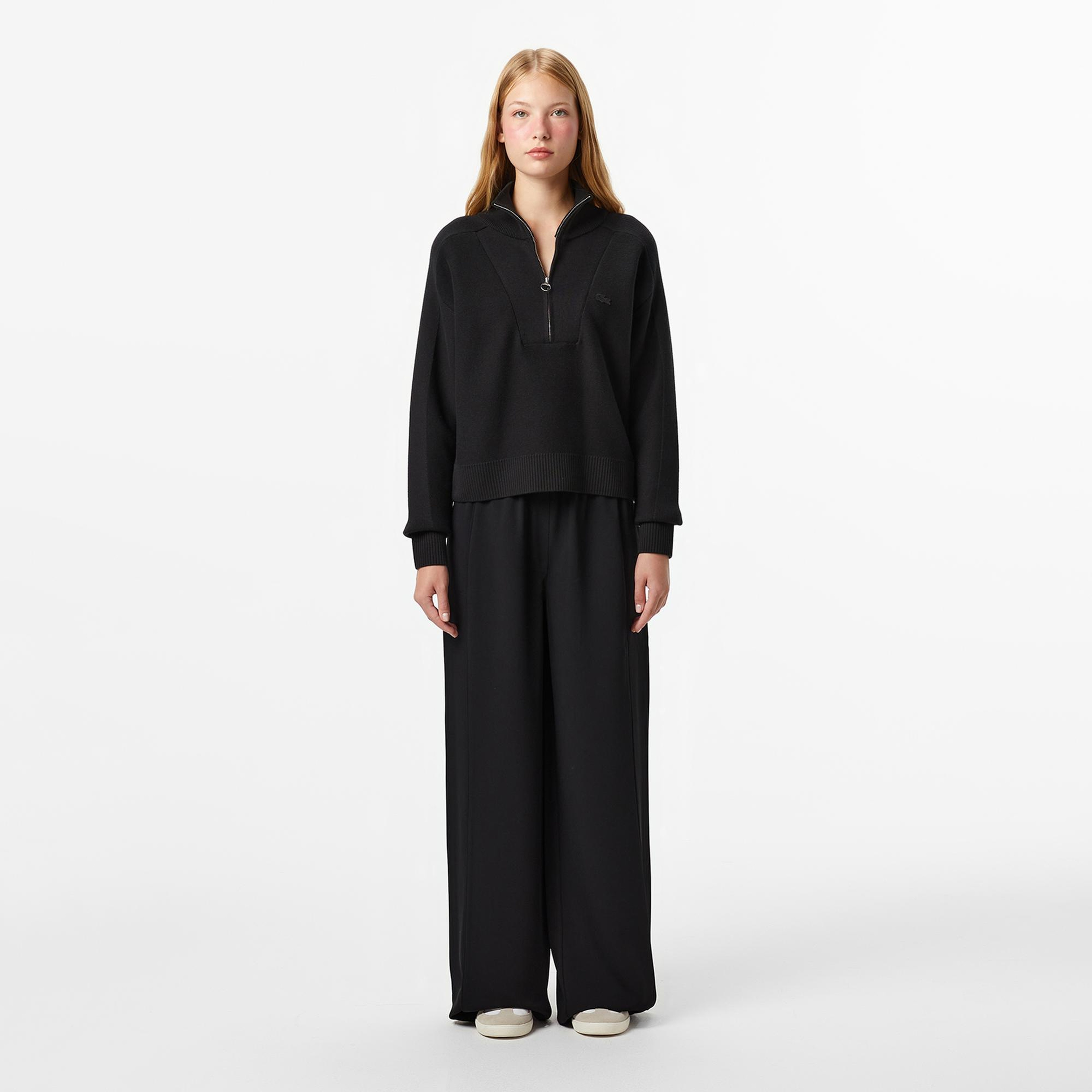 Lacoste Kadın Classic Fit Yarım Fermuarlı Siyah Kazak