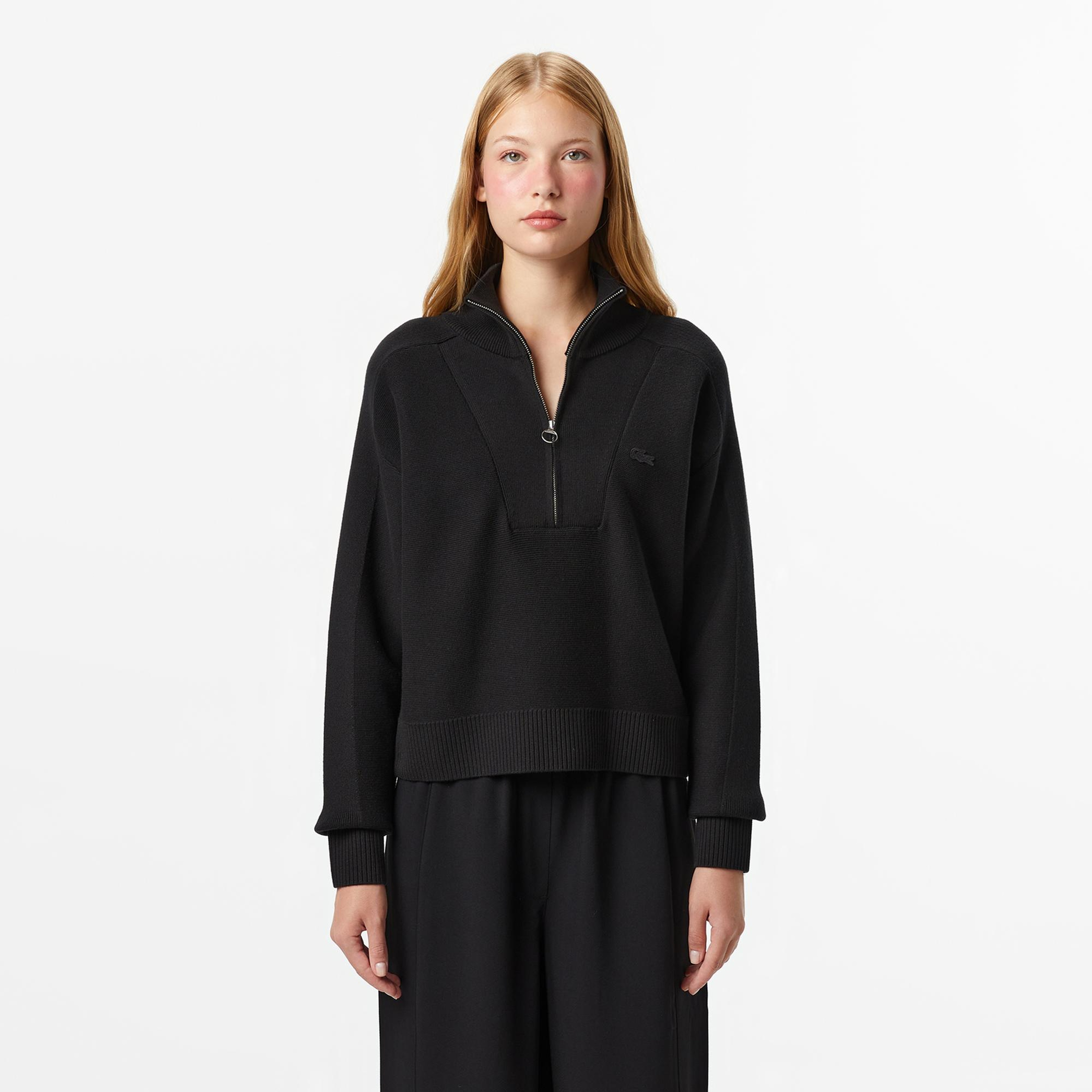 Lacoste Kadın Classic Fit Yarım Fermuarlı Siyah Kazak
