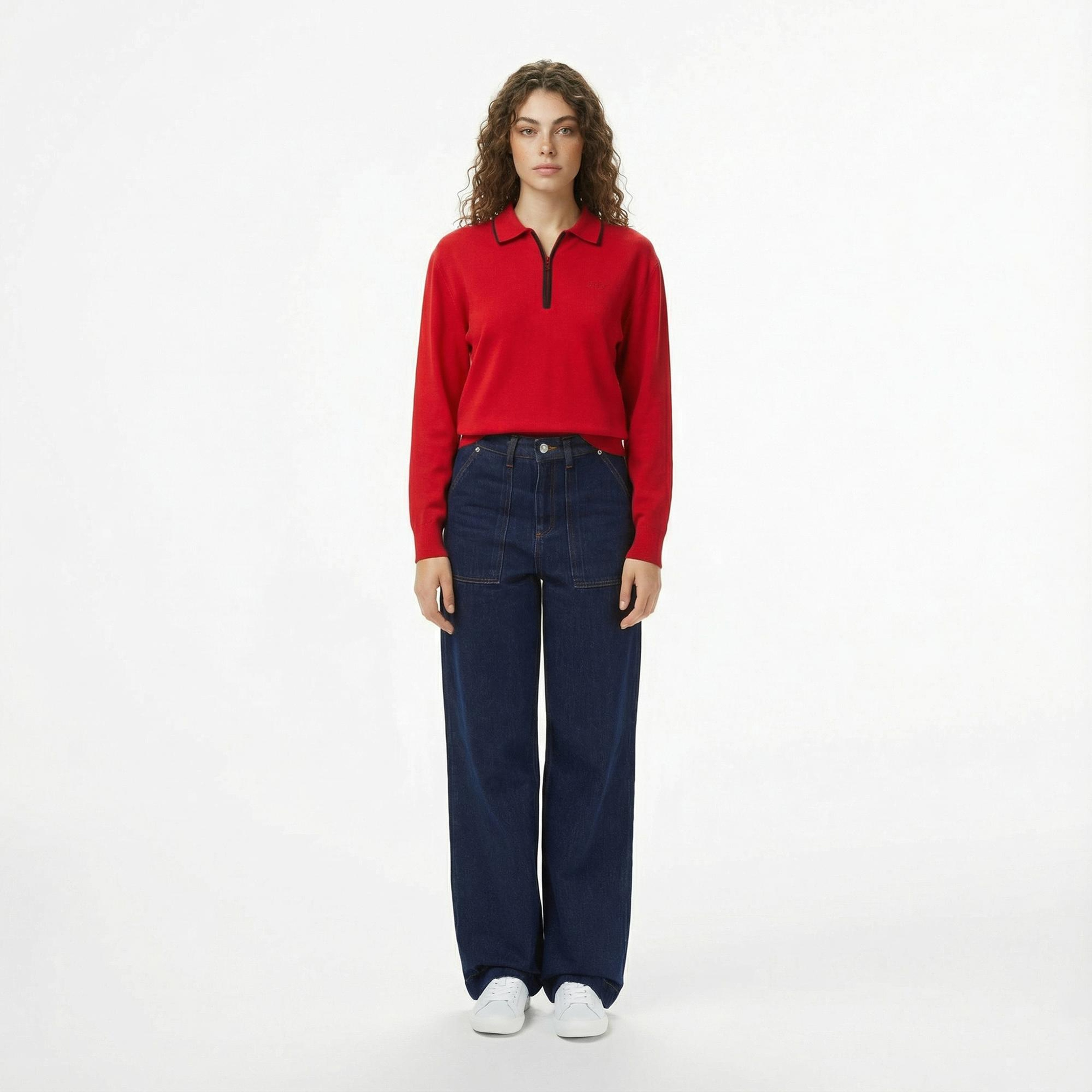 Lacoste Kadın Regular Fit Polo Yaka Kırmızı Kazak