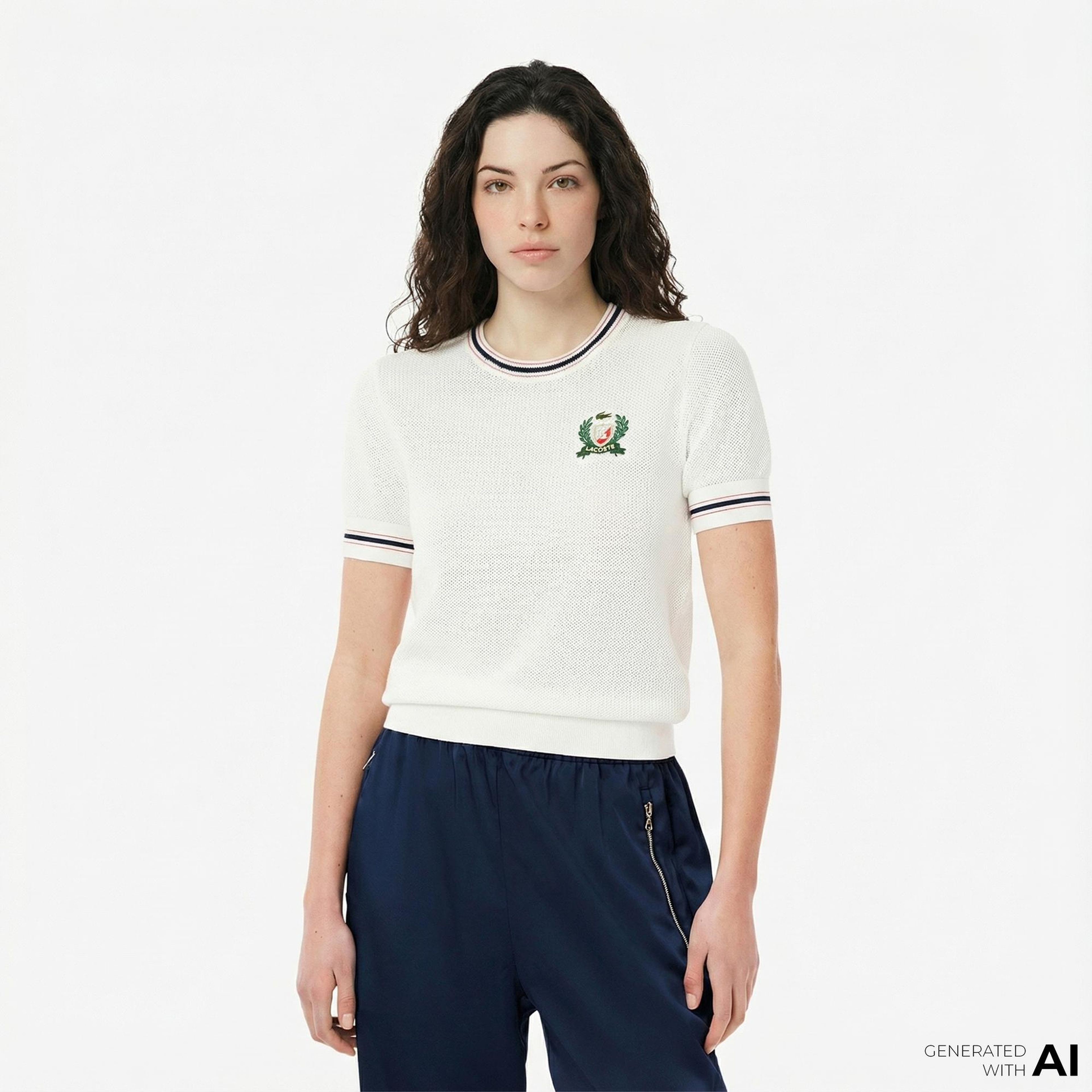 Lacoste Kadın Regular Fit Kısa Kollu Bisiklet Yaka Beyaz Triko