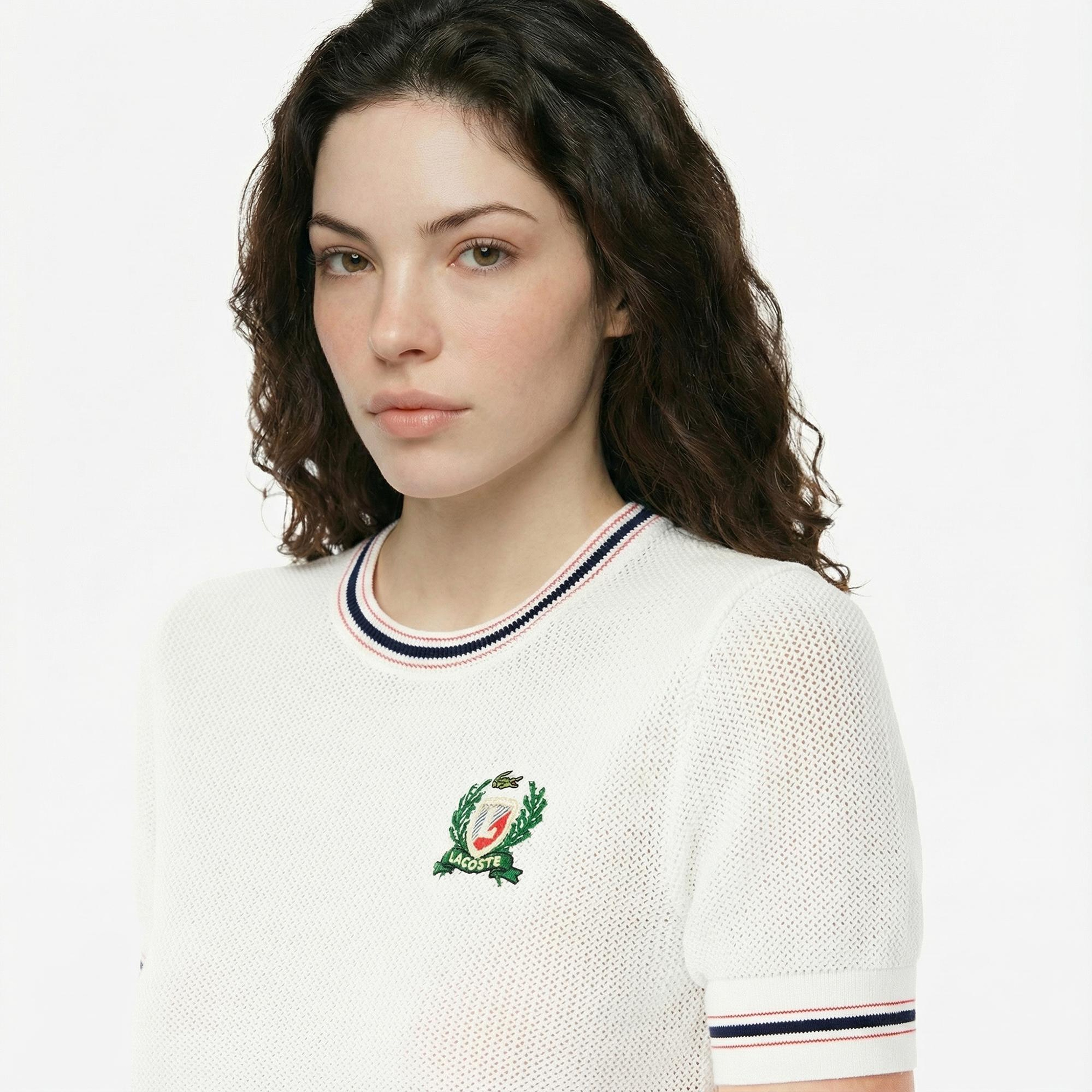 Lacoste Kadın Regular Fit Kısa Kollu Bisiklet Yaka Beyaz Triko