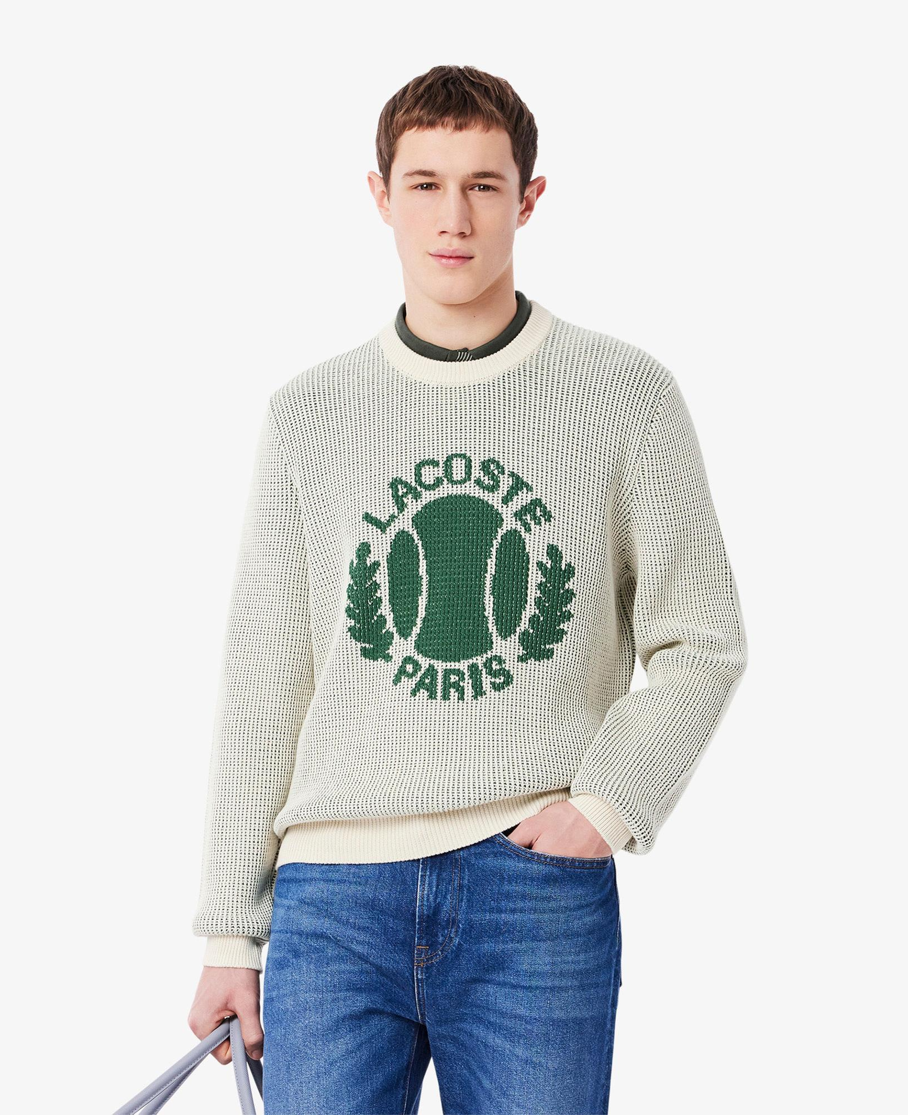 Lacoste Erkek Classic Fit Bisiklet Yaka Desenli Krem Kazak