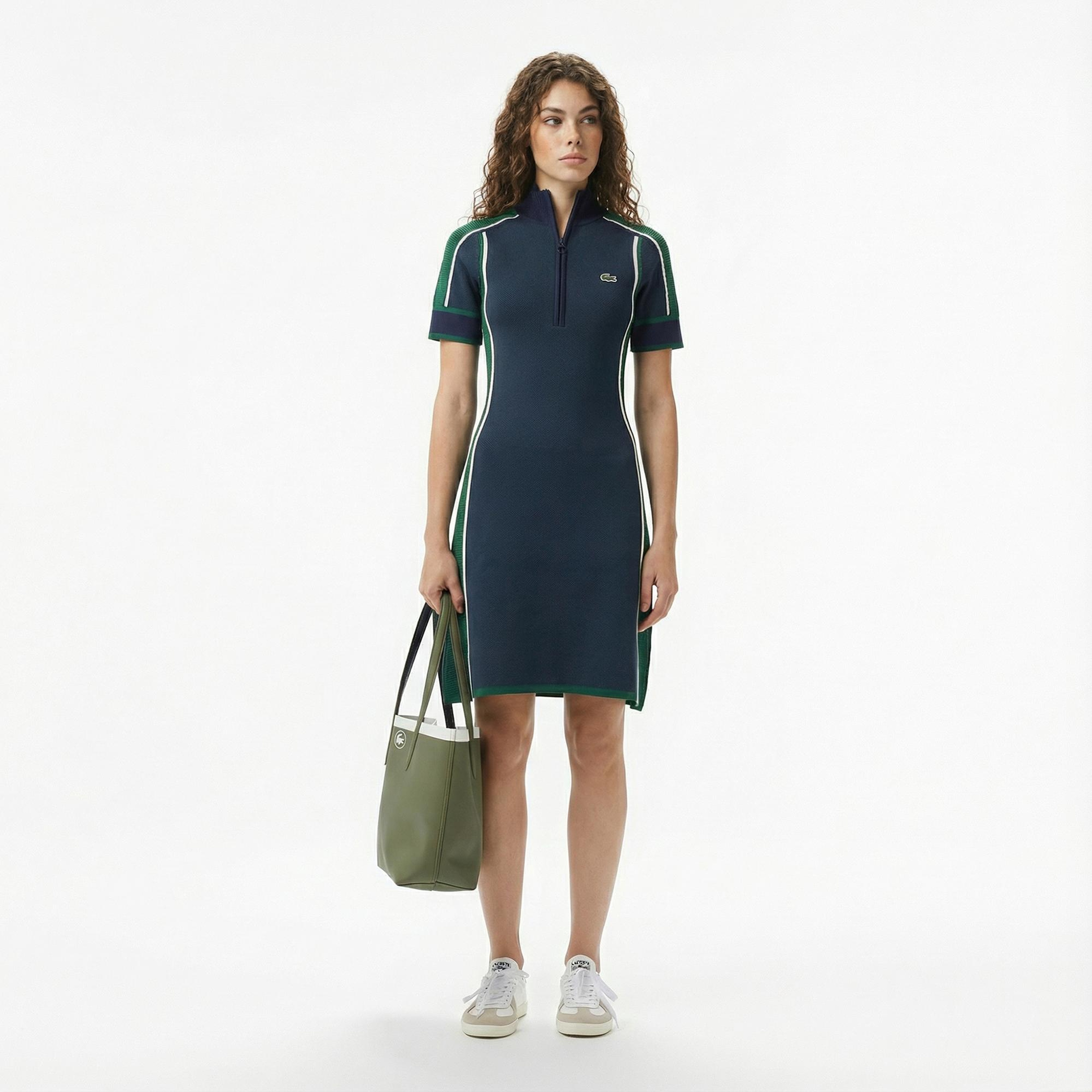 Lacoste Kadın Classic Fit Kısa Kollu Yarım Fermuarlı Renk Bloklu Lacivert Elbise