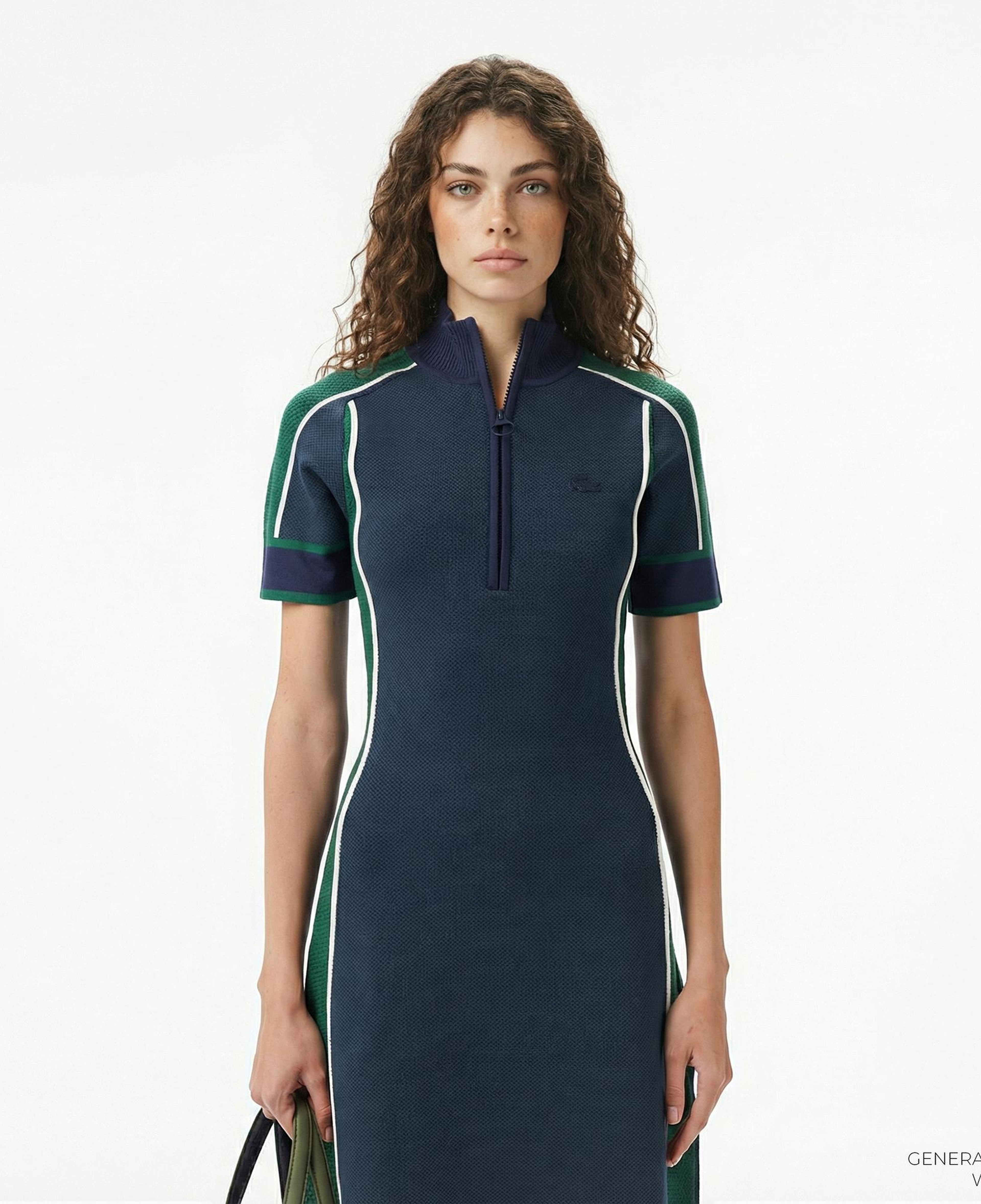 Lacoste Kadın Classic Fit Kısa Kollu Yarım Fermuarlı Renk Bloklu Lacivert Elbise