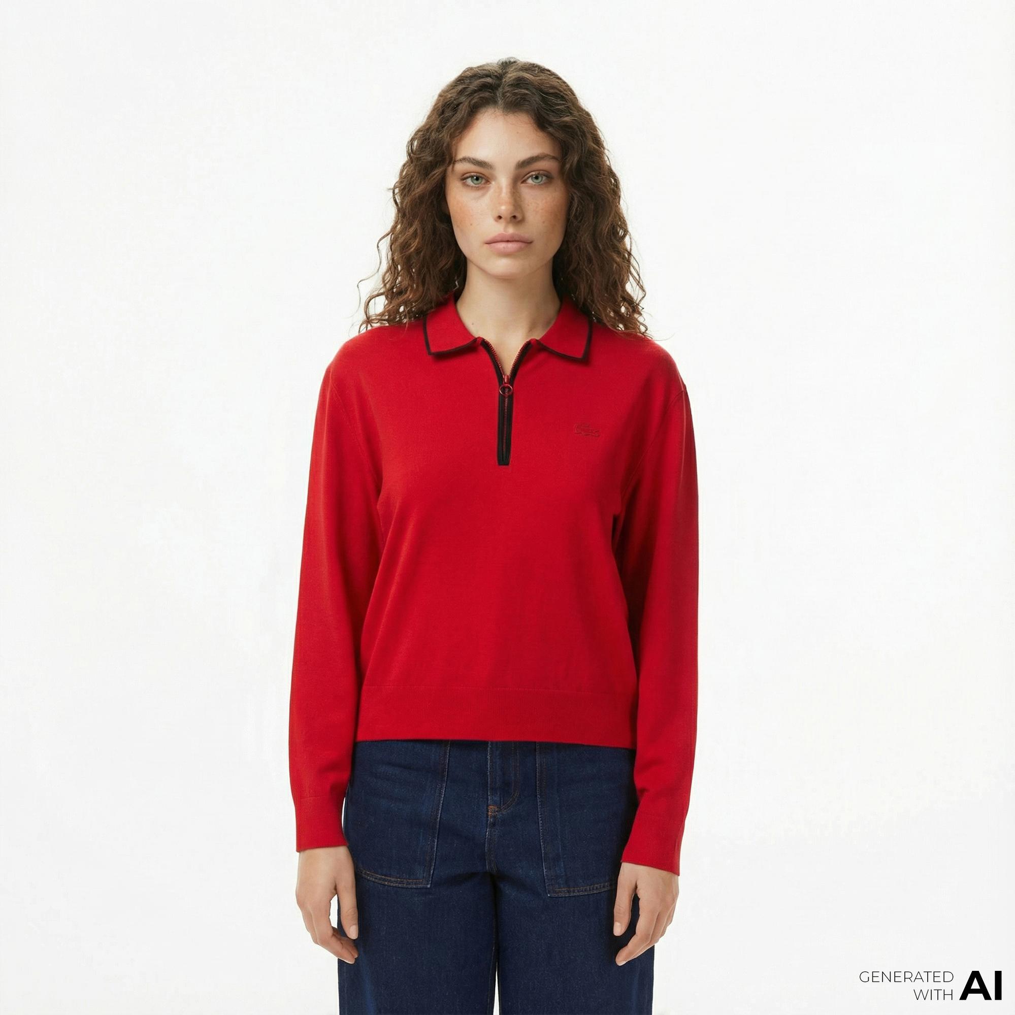 Lacoste Kadın Regular Fit Polo Yaka Kırmızı Kazak