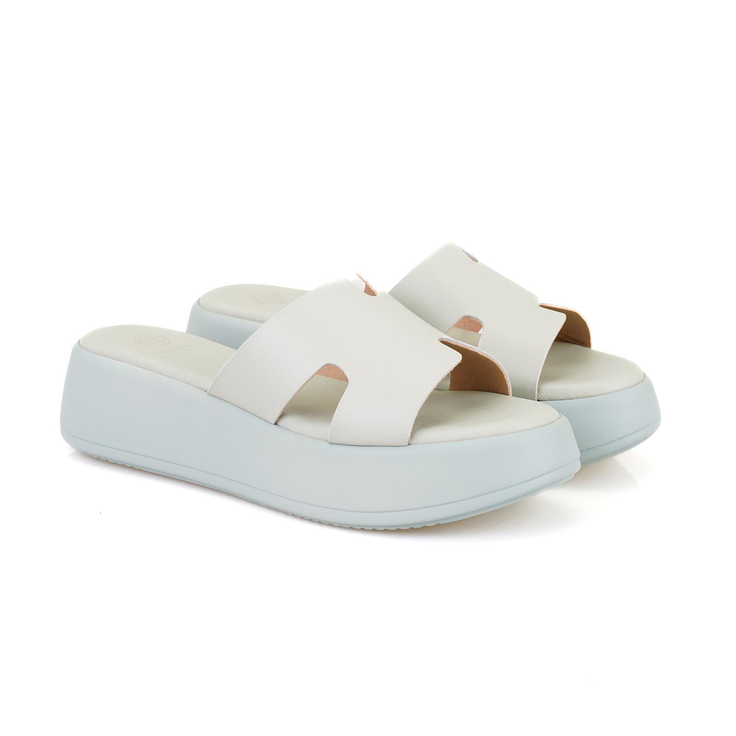 Kadın Yeşil Dolgu Topuklu Deri Terlik