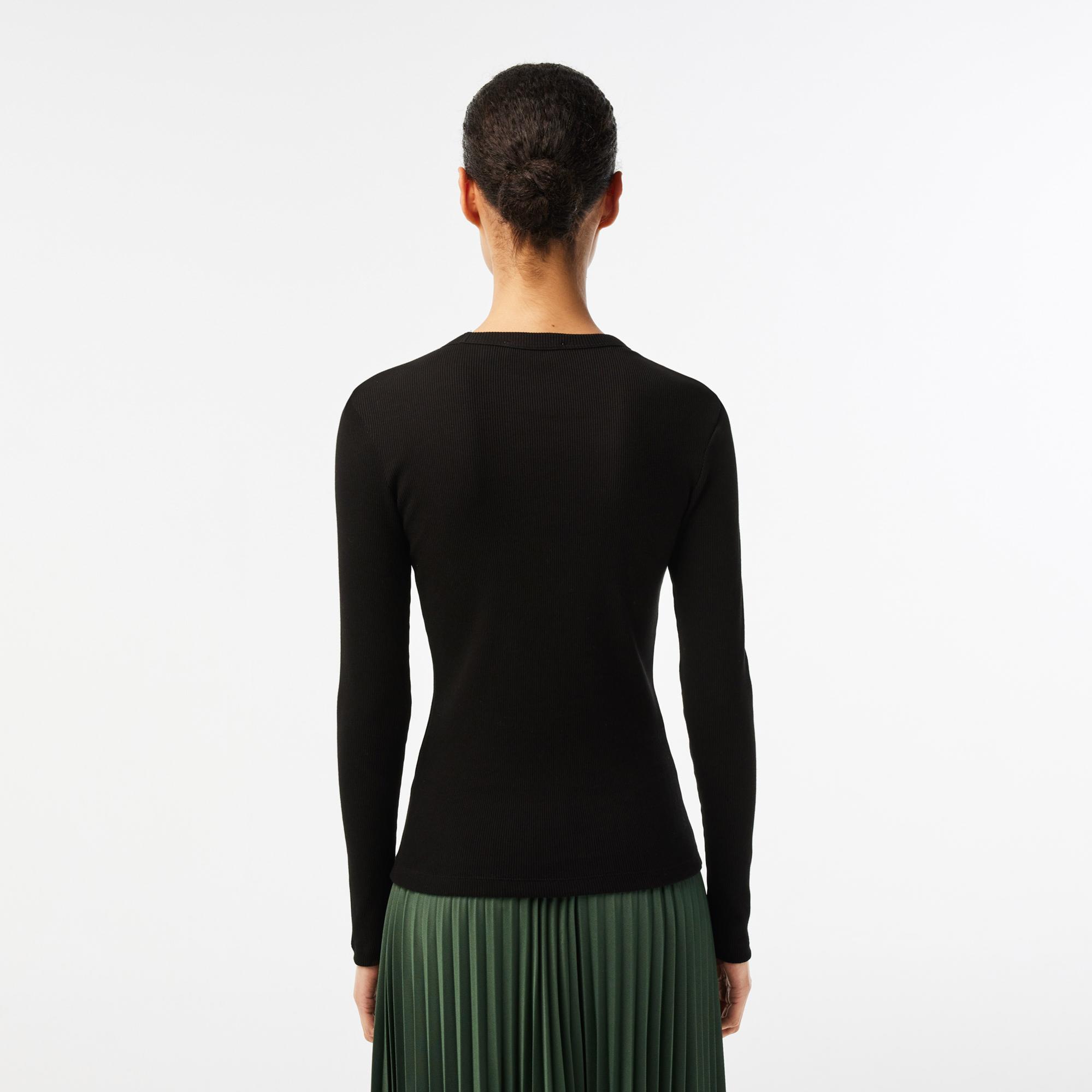 Lacoste Kadın Slim Fit Uzun Kollu Bisiklet Yaka Siyah T-Shirt