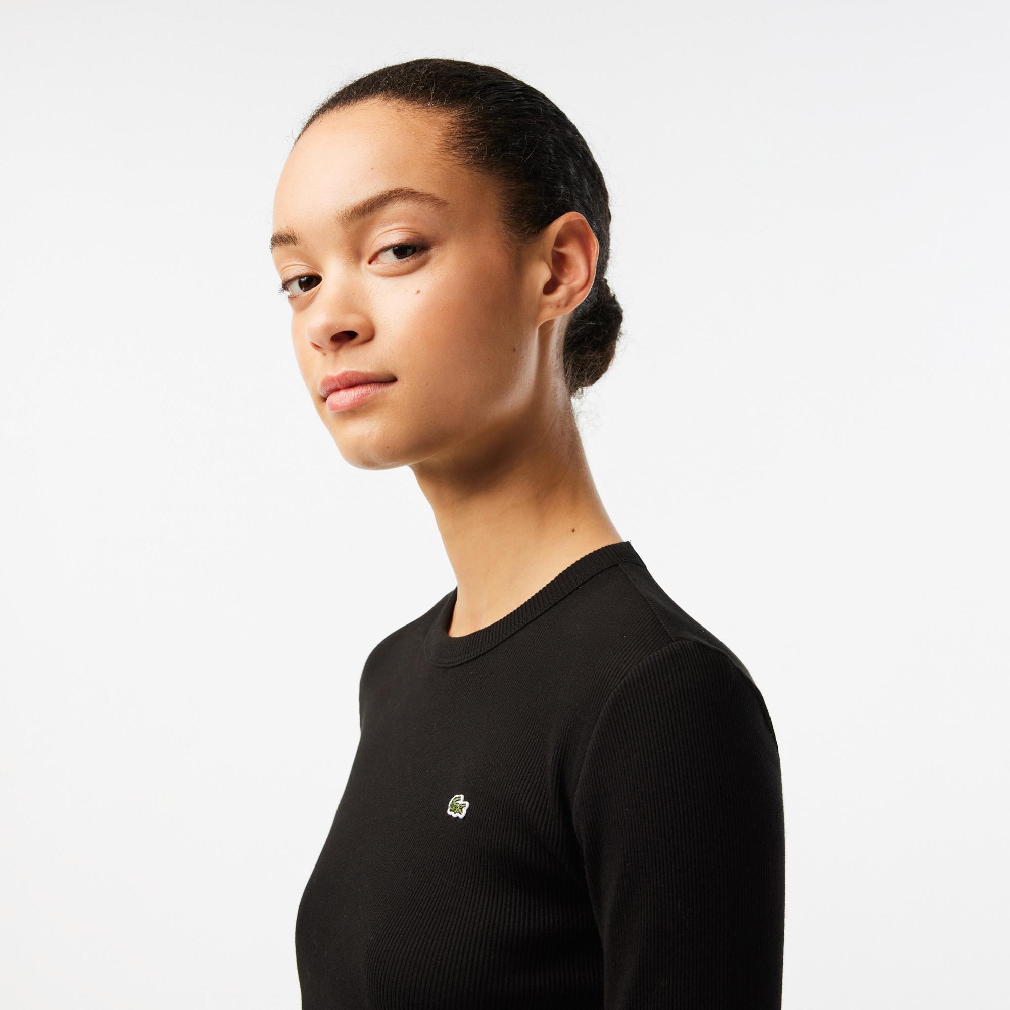 Lacoste Kadın Slim Fit Uzun Kollu Bisiklet Yaka Siyah T-Shirt