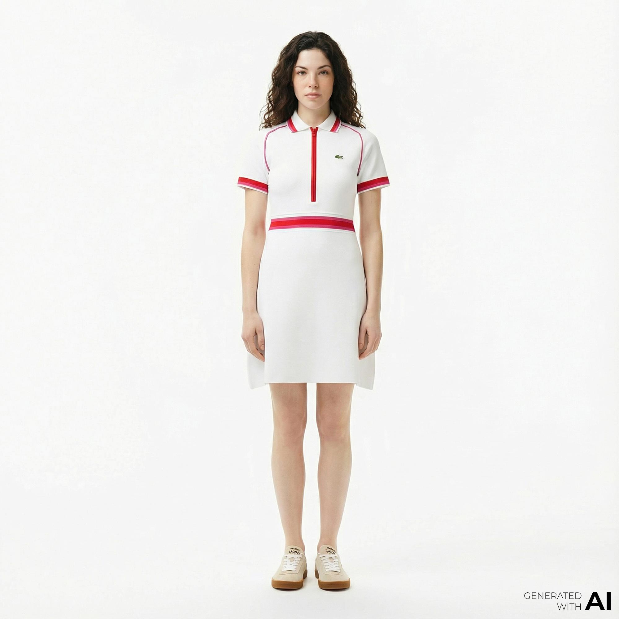 Lacoste Kadın Classic Fit Kısa Kollu Polo Yaka Renk Bloklu Beyaz Elbise