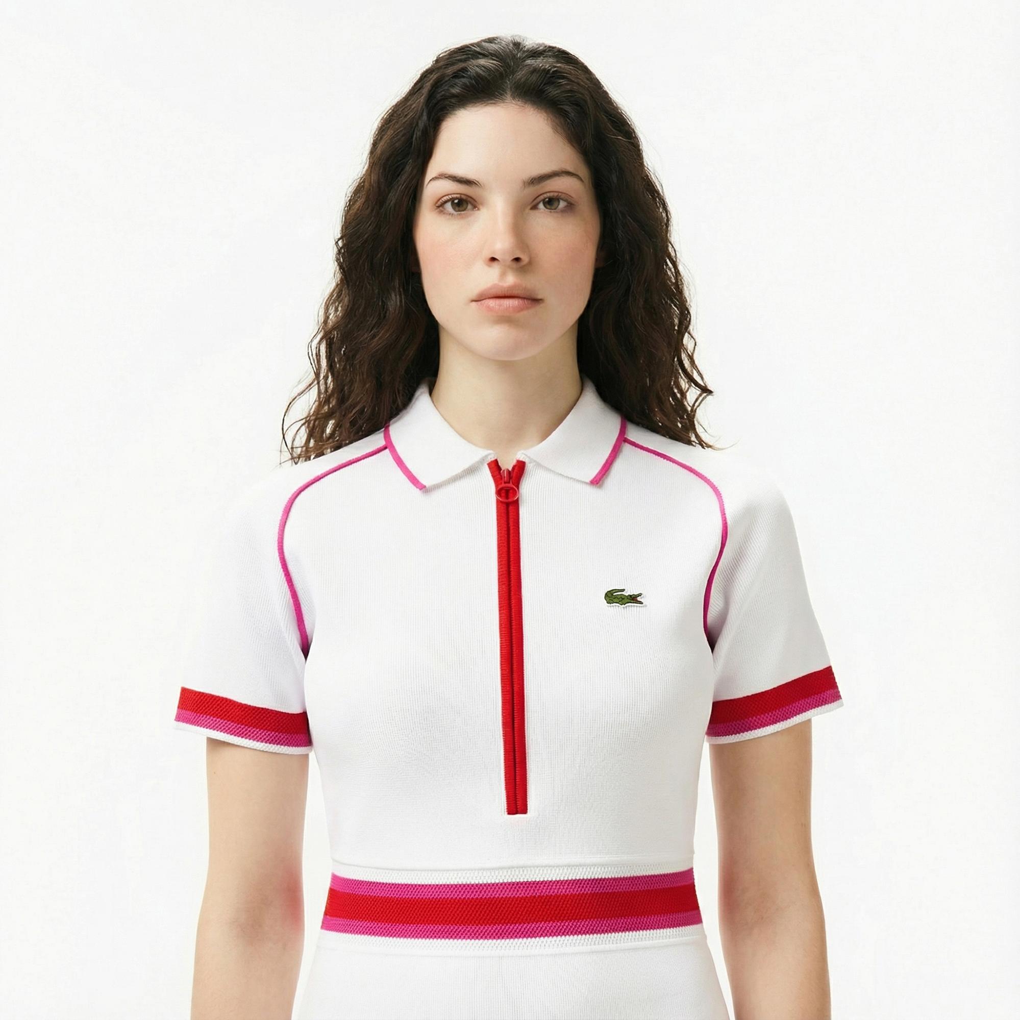 Lacoste Kadın Classic Fit Kısa Kollu Polo Yaka Renk Bloklu Beyaz Elbise