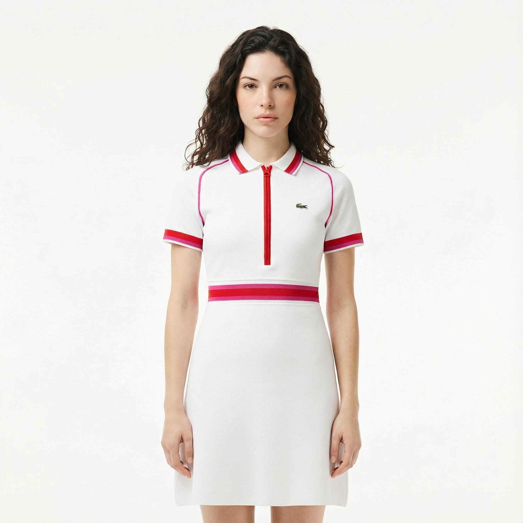 Lacoste Kadın Classic Fit Kısa Kollu Polo Yaka Renk Bloklu Beyaz Elbise