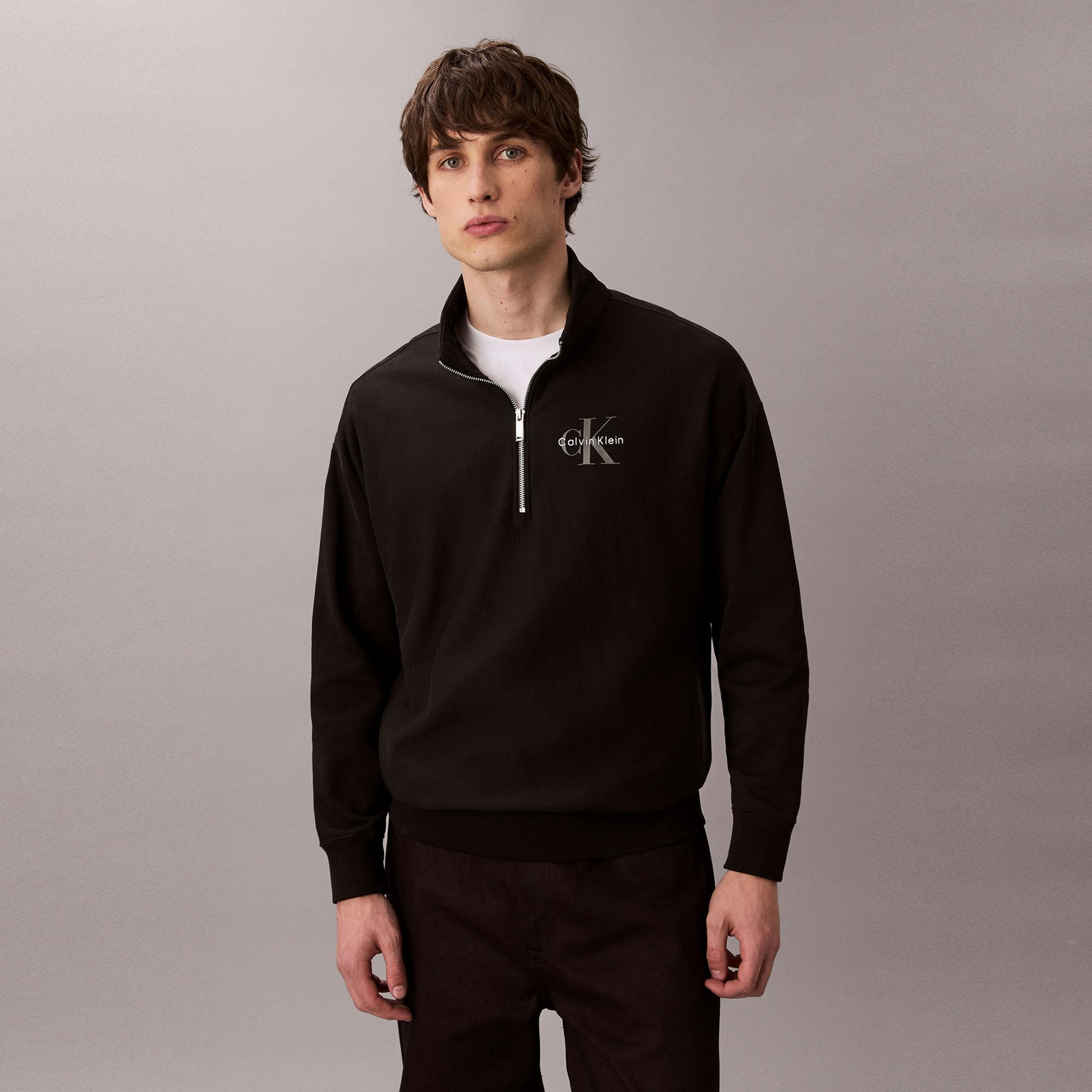 Calvin Klein Premium Terry Micro Monologo Erkek Siyah Sweatshirt