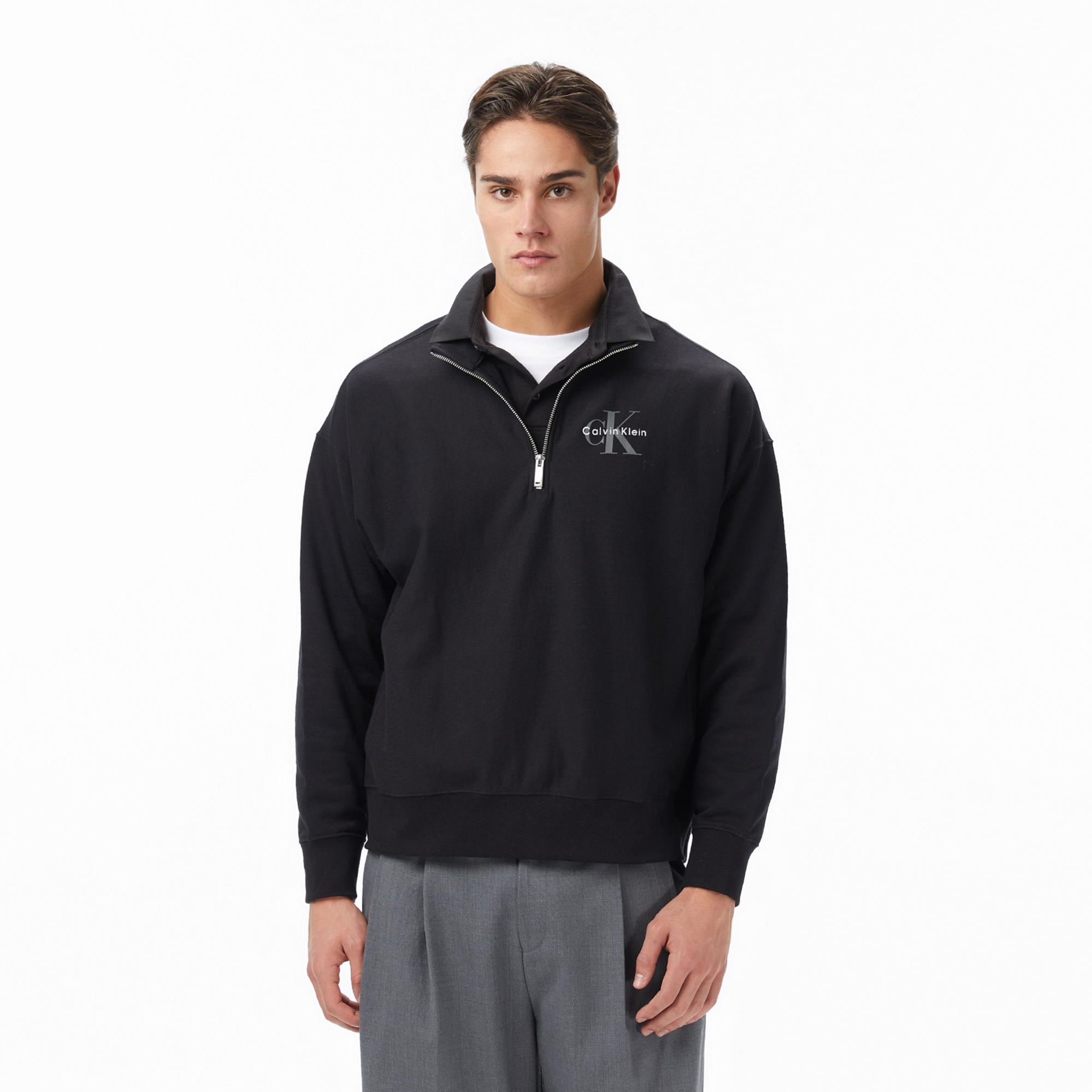 Calvin Klein Premium Terry Micro Monologo Erkek Siyah Sweatshirt