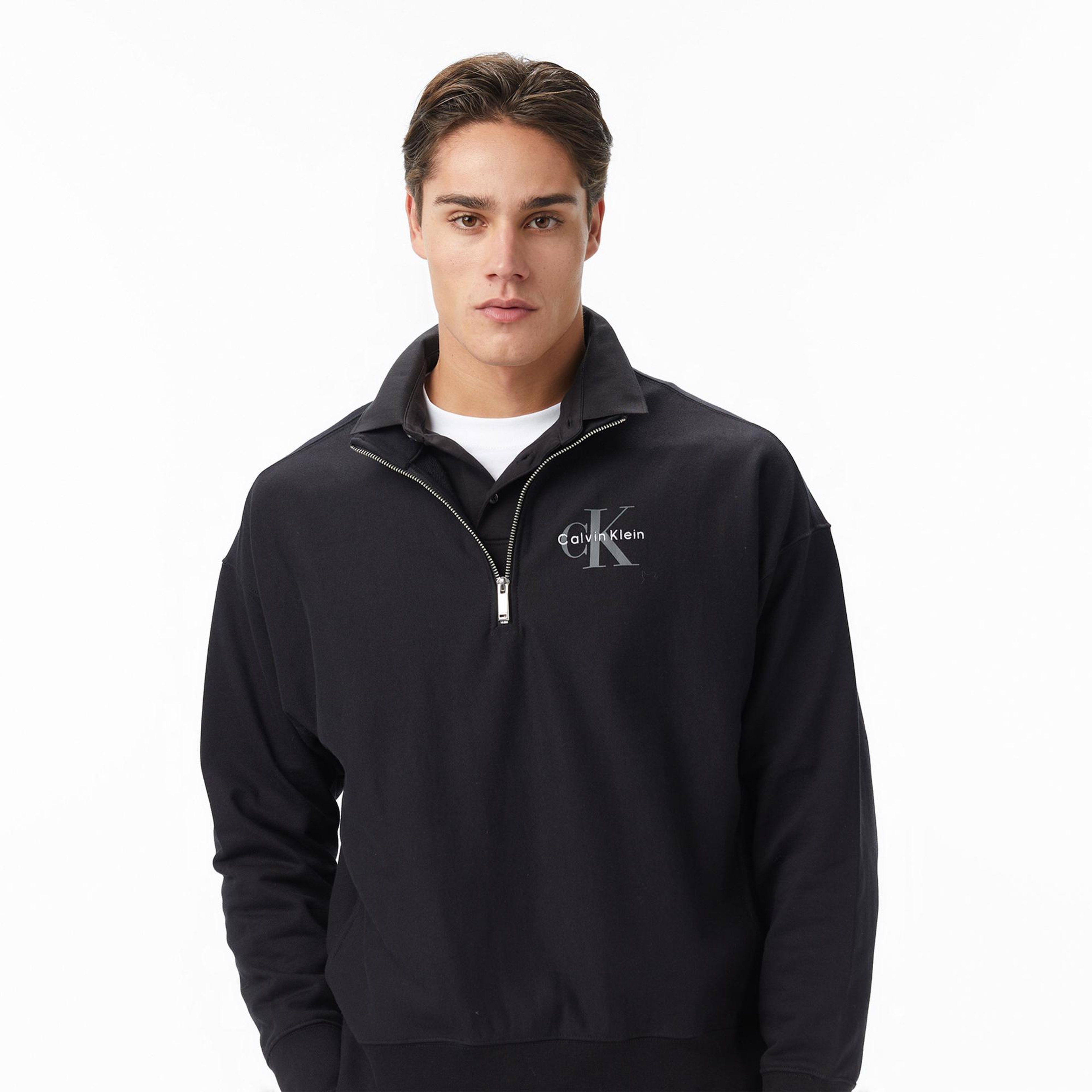 Calvin Klein Premium Terry Micro Monologo Erkek Siyah Sweatshirt
