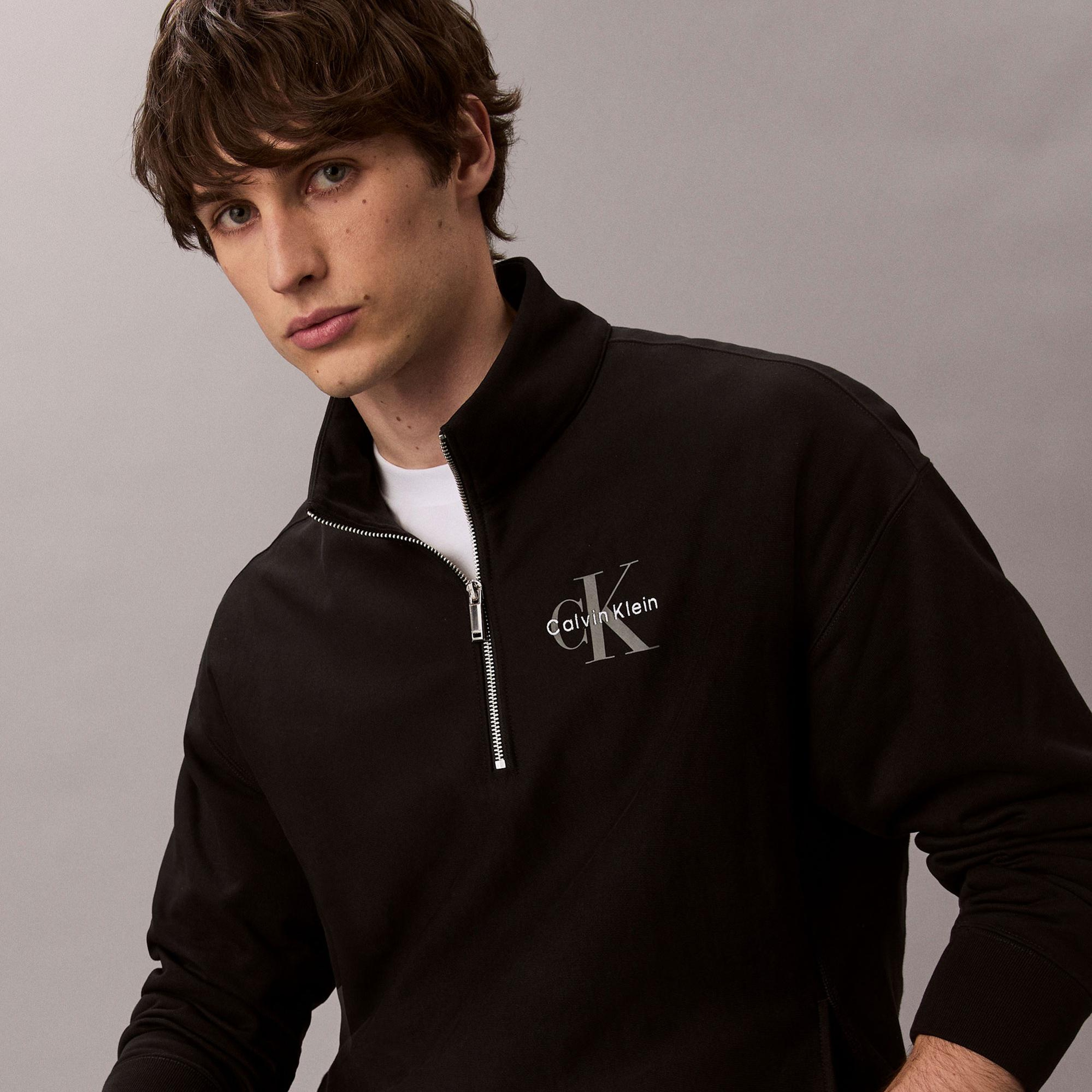 Calvin Klein Premium Terry Micro Monologo Erkek Siyah Sweatshirt