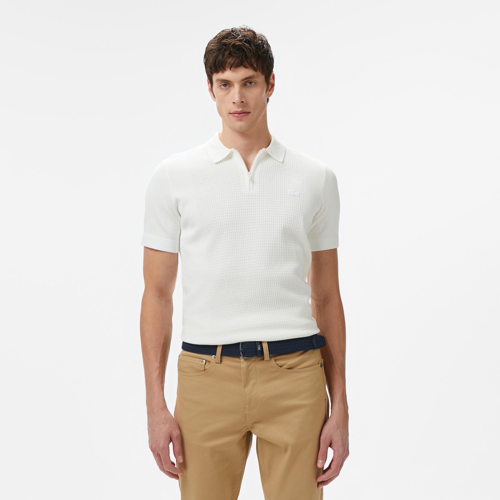 Lacoste Erkek Kısa Kollu Yarım Fermuarlı Beyaz Triko