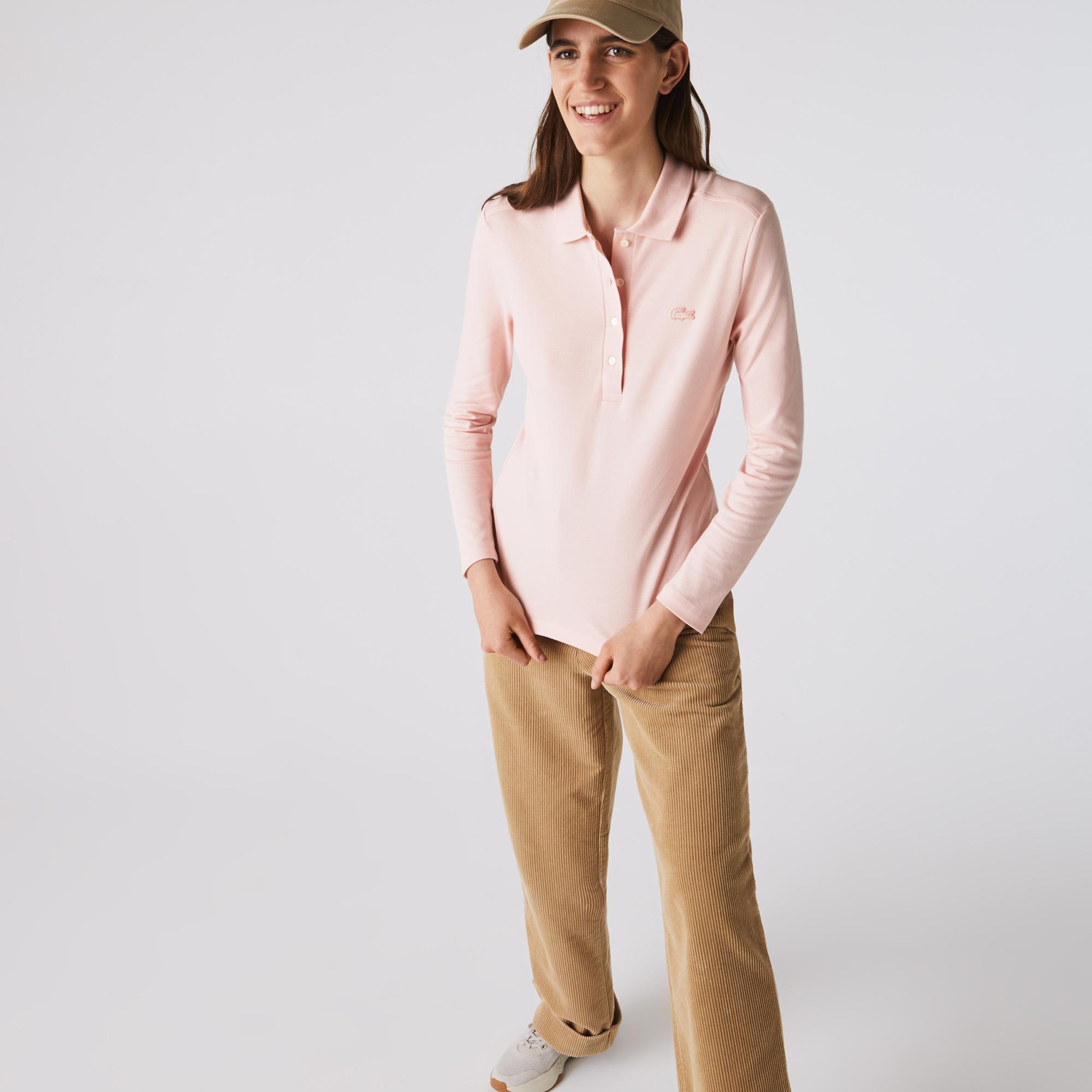 Lacoste Kadın Slim Fit Uzun Kollu Pembe Polo