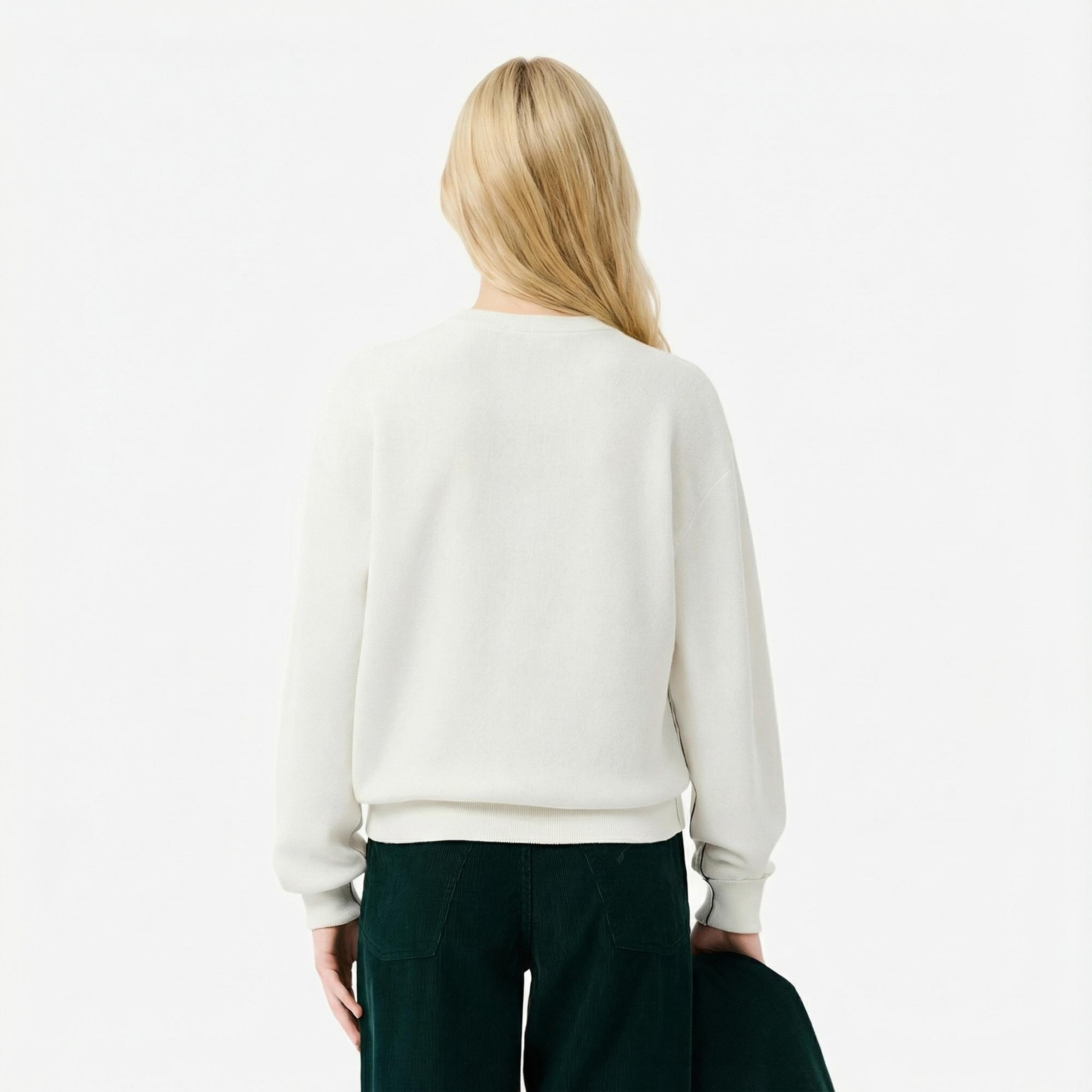 Lacoste Kadın Relaxed Fit Bisiklet Yaka Beyaz Kazak