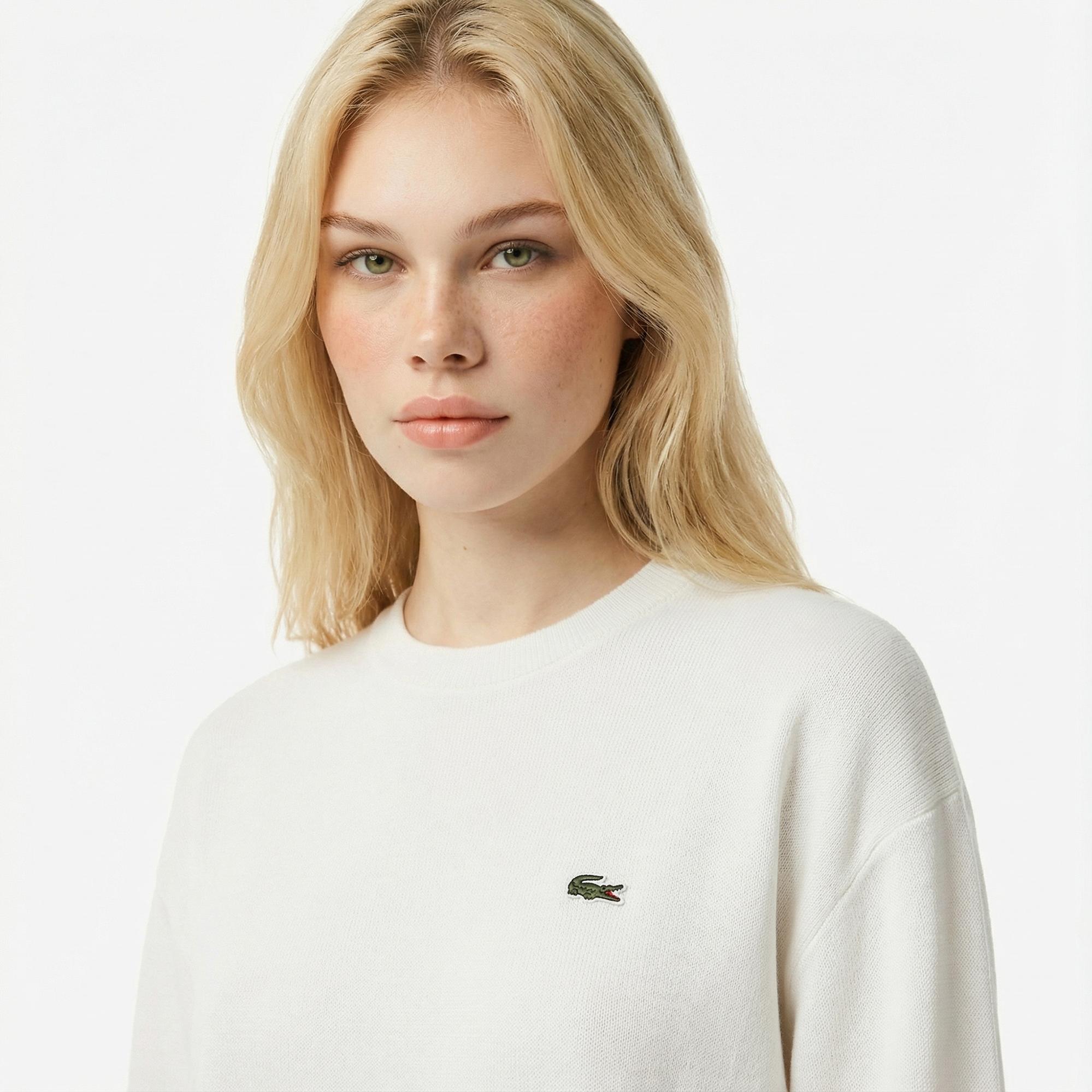 Lacoste Kadın Relaxed Fit Bisiklet Yaka Beyaz Kazak