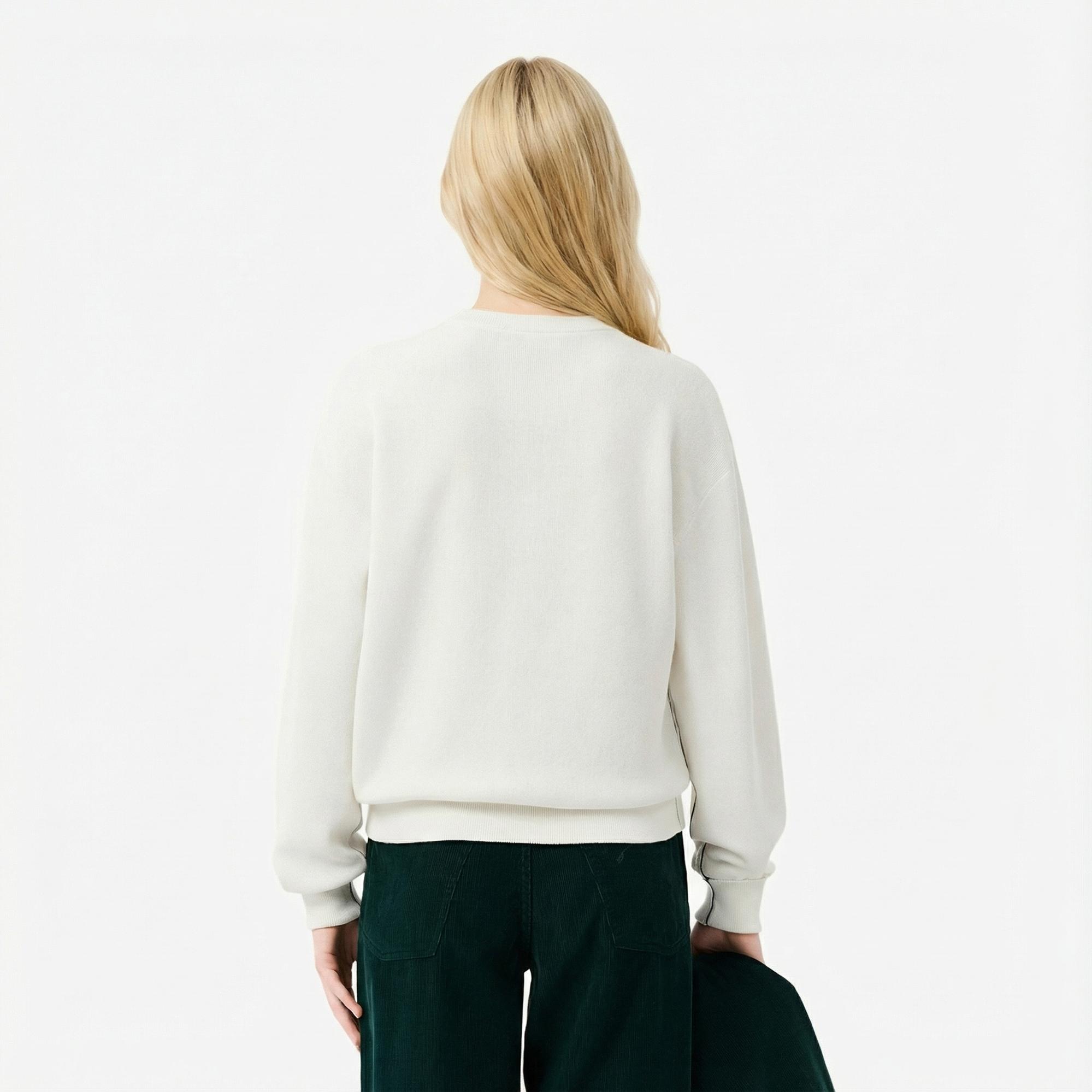 Lacoste Kadın Relaxed Fit Bisiklet Yaka Beyaz Kazak