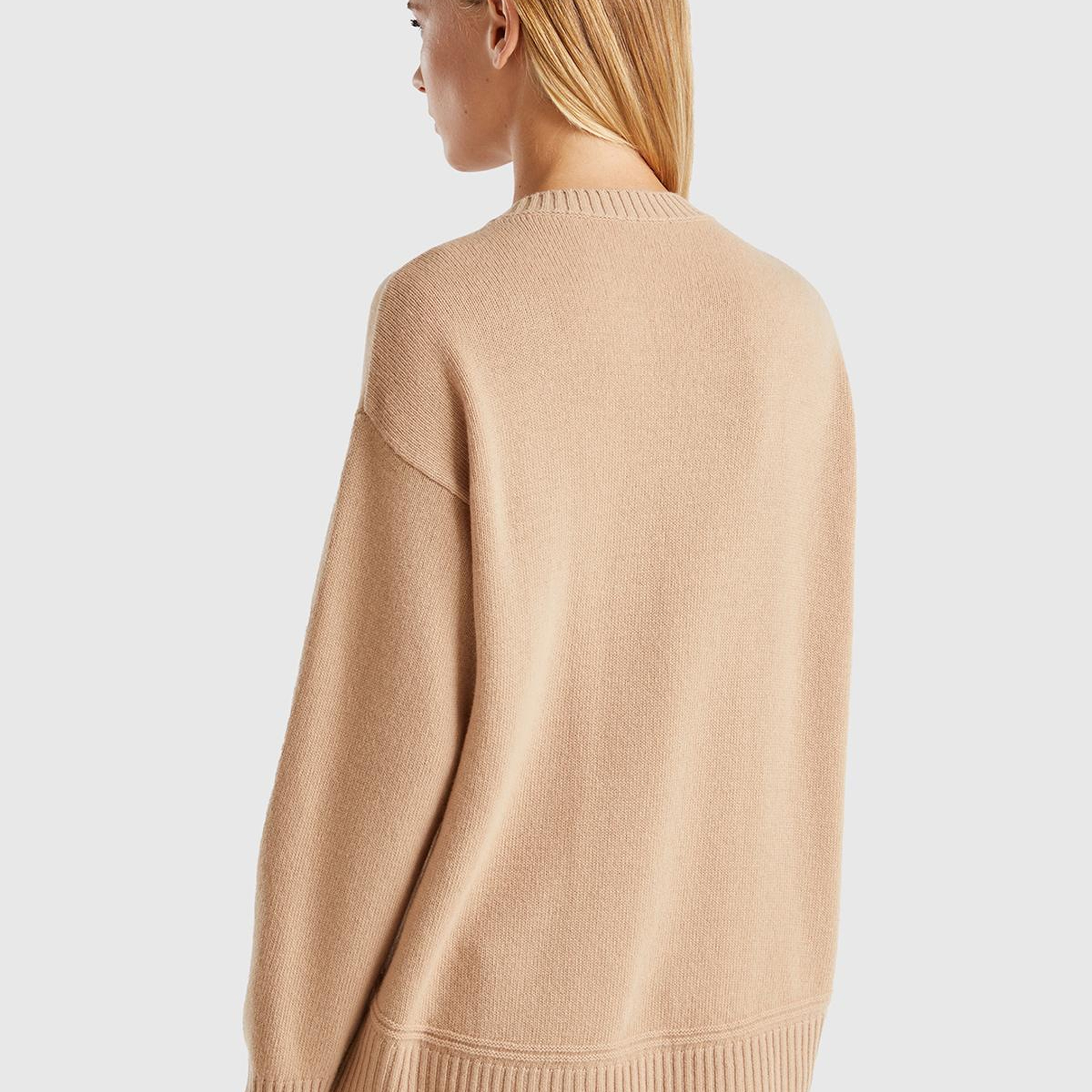 Kadın Açık Kahverengi Yün Karışımlı Alt Kısmı Geniş Bisiklet Yaka Kazak