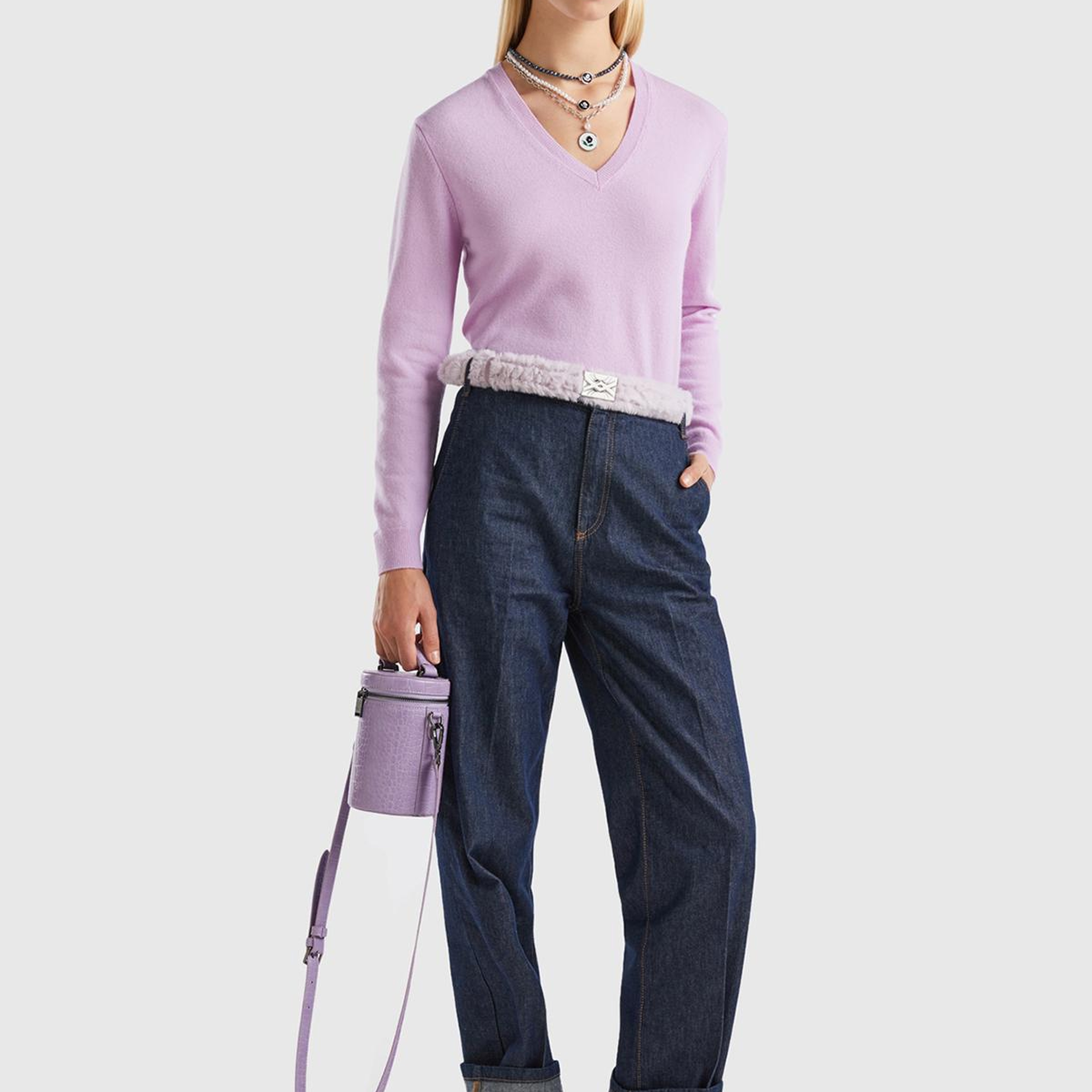 Kadın Lila V Yaka Merino Kazak