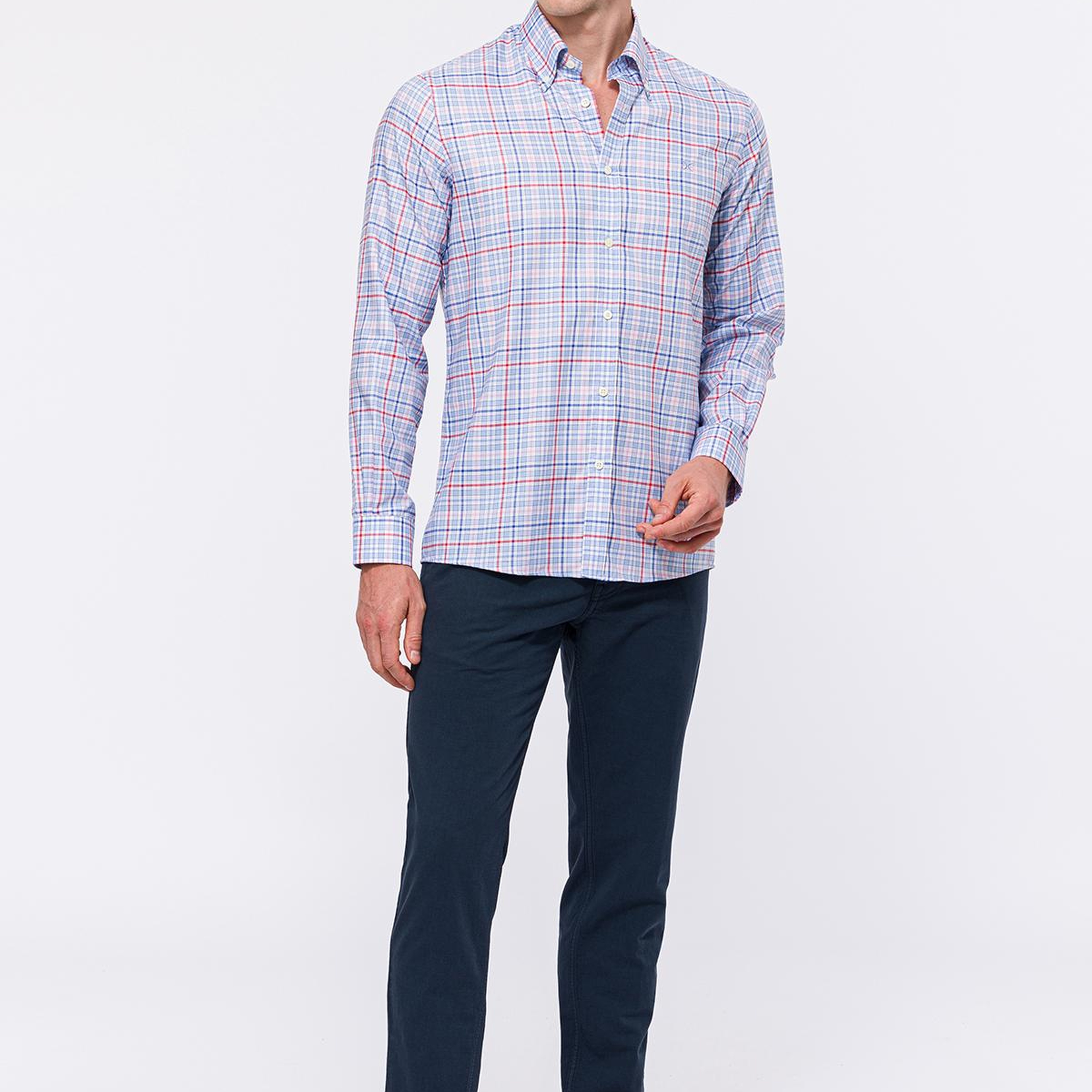 Erkek Bordo Cooper Fit Düğmeli Yaka Ekoseli Oxford Spor Gömlek