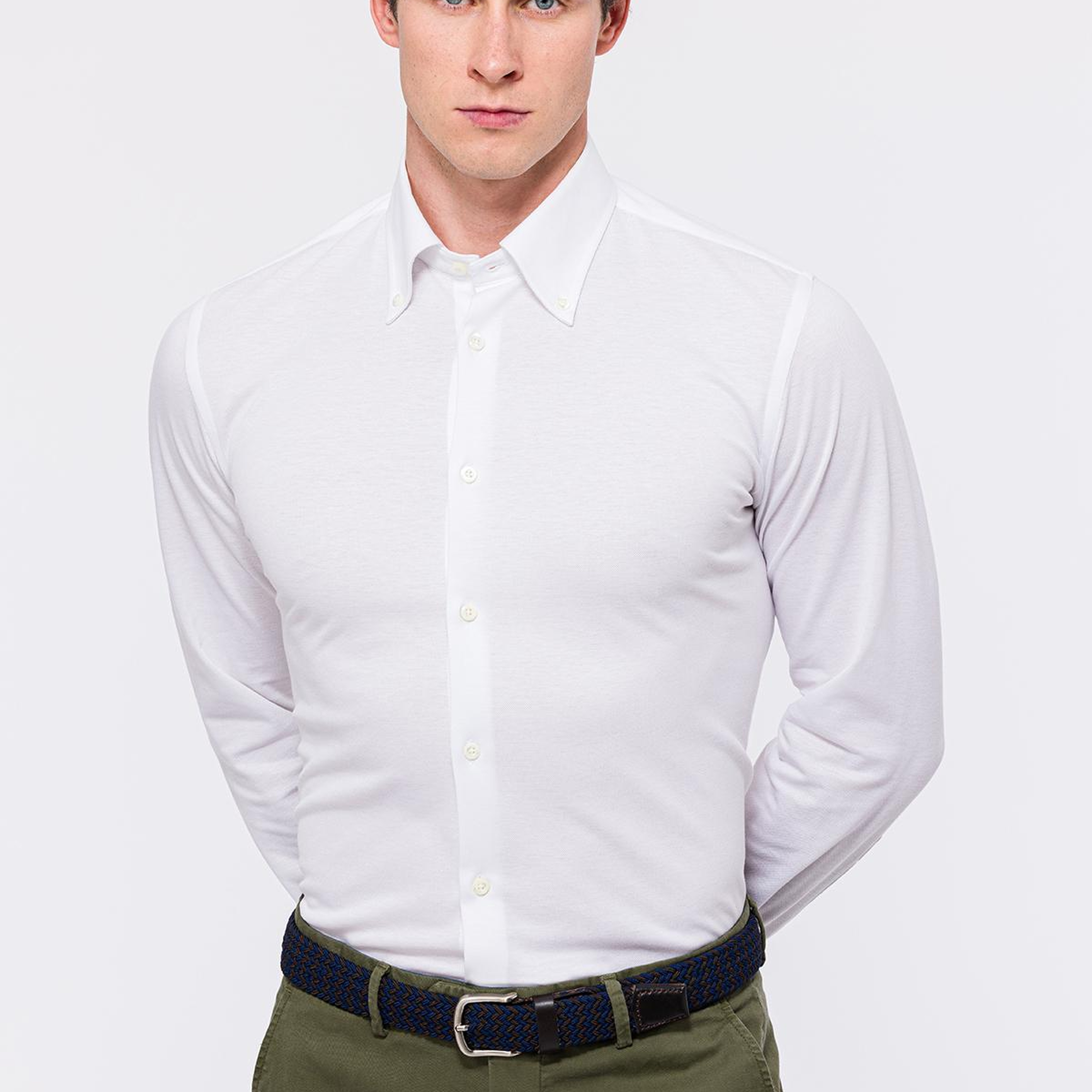 Erkek Beyaz Cooper Fit Düğmeli Yaka Pike Gömlek
