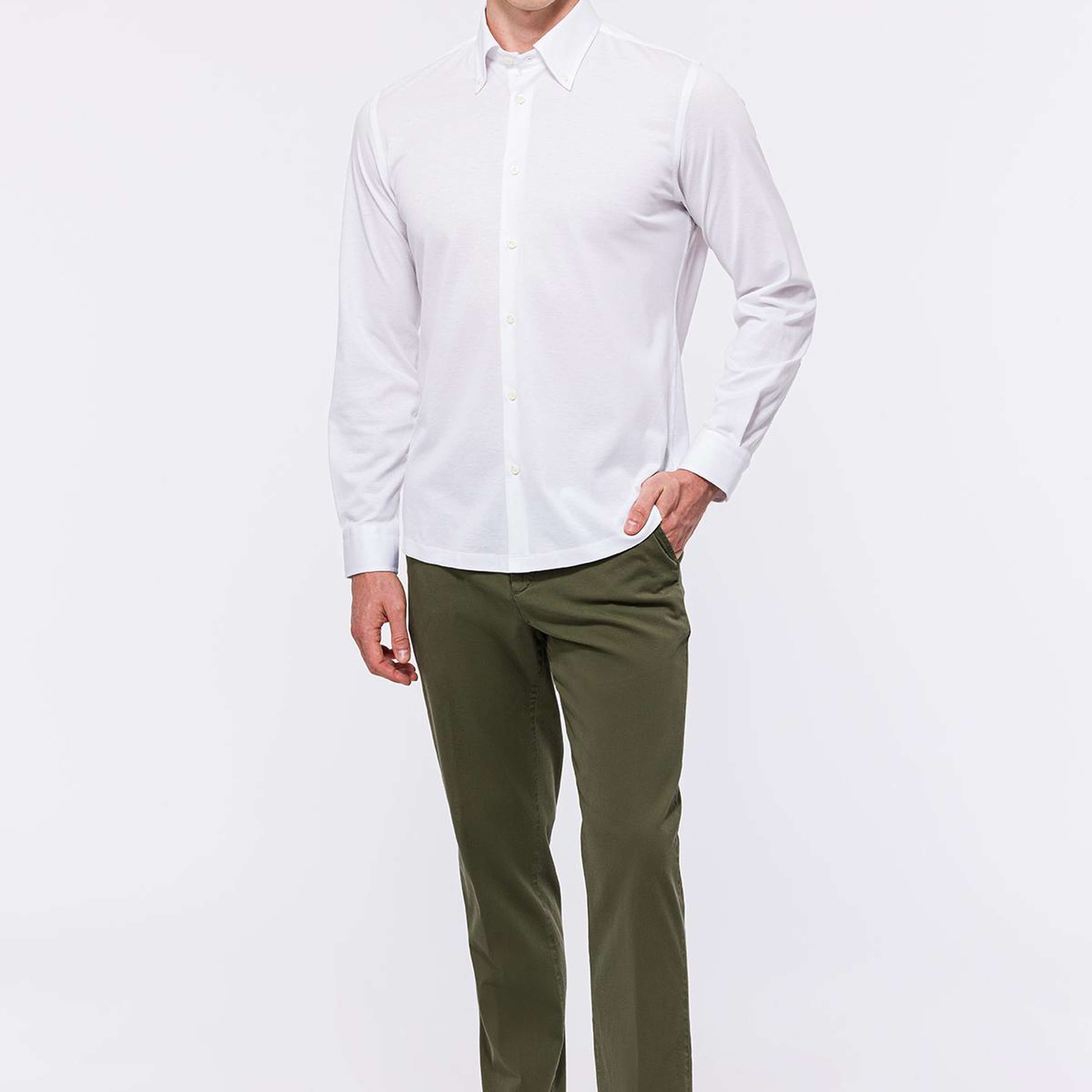 Erkek Beyaz Cooper Fit Düğmeli Yaka Pike Gömlek