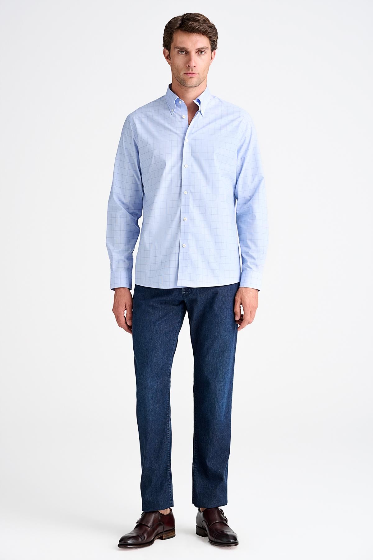 Erkek Lacivert Cooper Fit Düğmeli Yaka Ekoseli Spor Gömlek