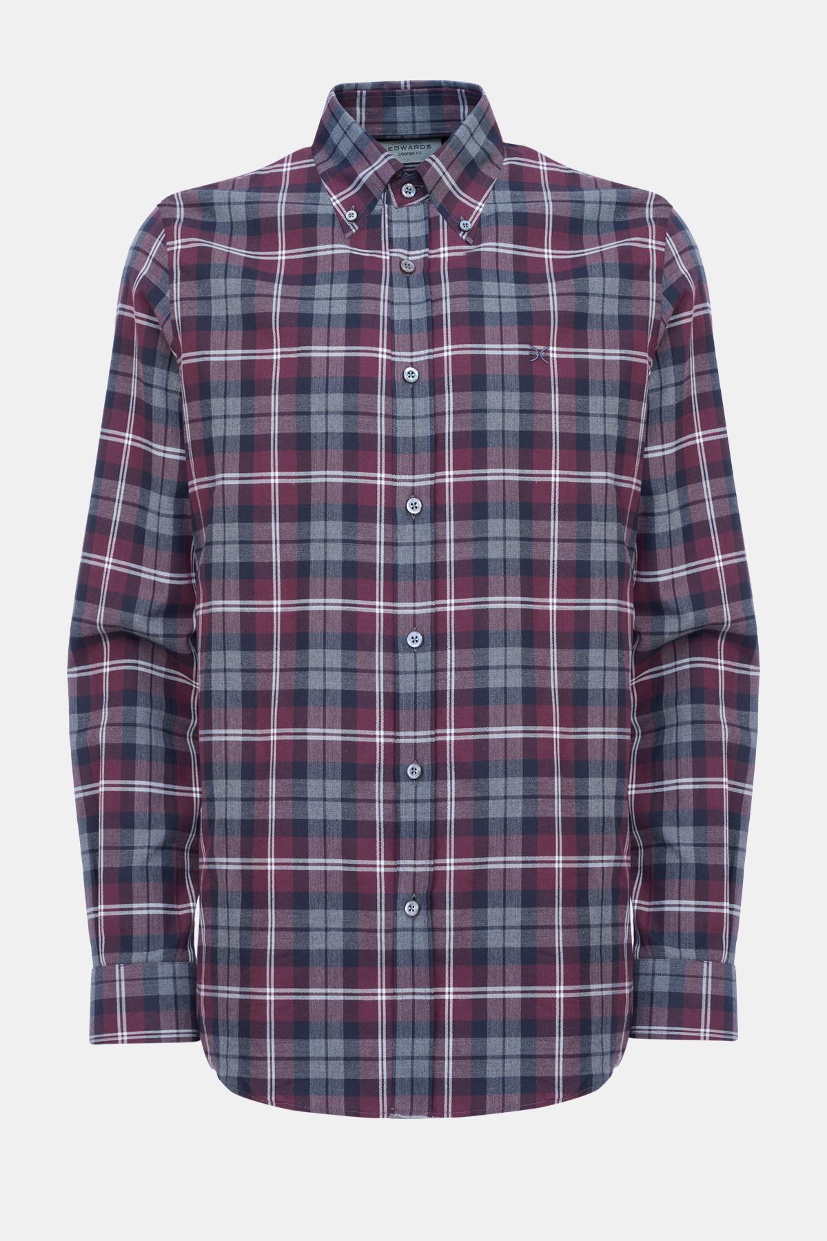 Erkek Bordo Cooper Fit Ekoseli Düğmeli Yaka Flanel Spor Gömlek