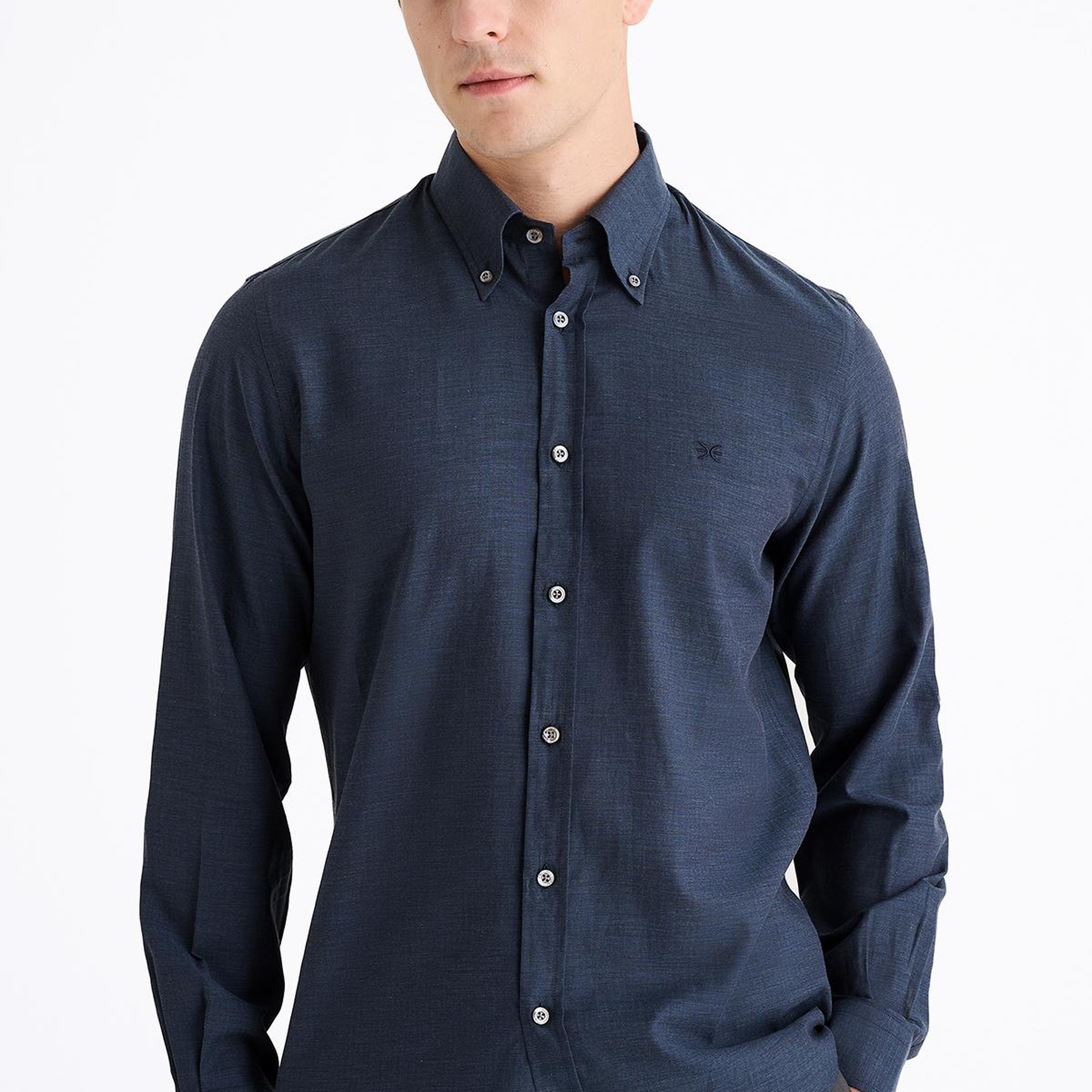 Erkek Lacivert Cooper Fit Düğmeli Yaka Flannel Spor Gömlek