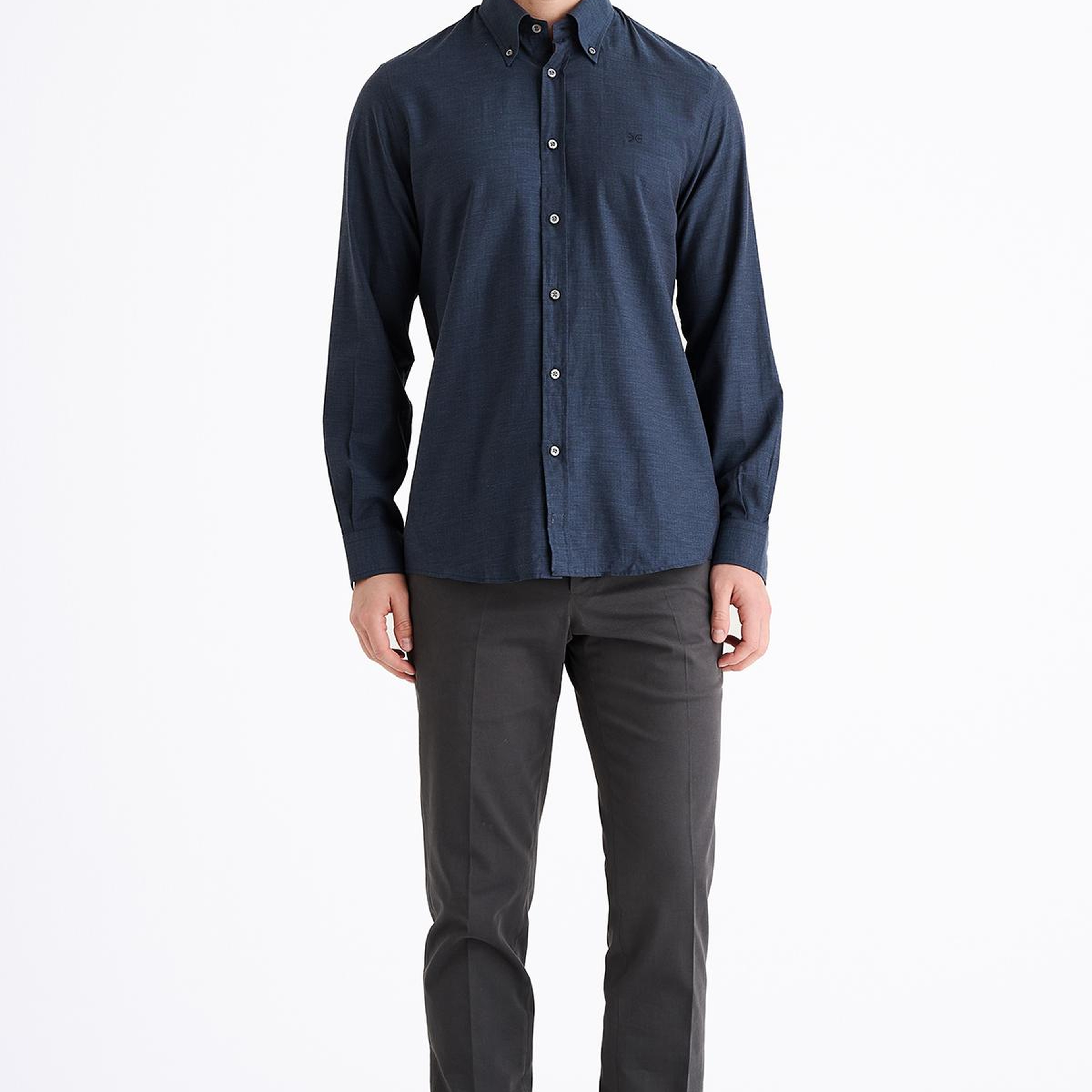 Erkek Lacivert Cooper Fit Düğmeli Yaka Flannel Spor Gömlek