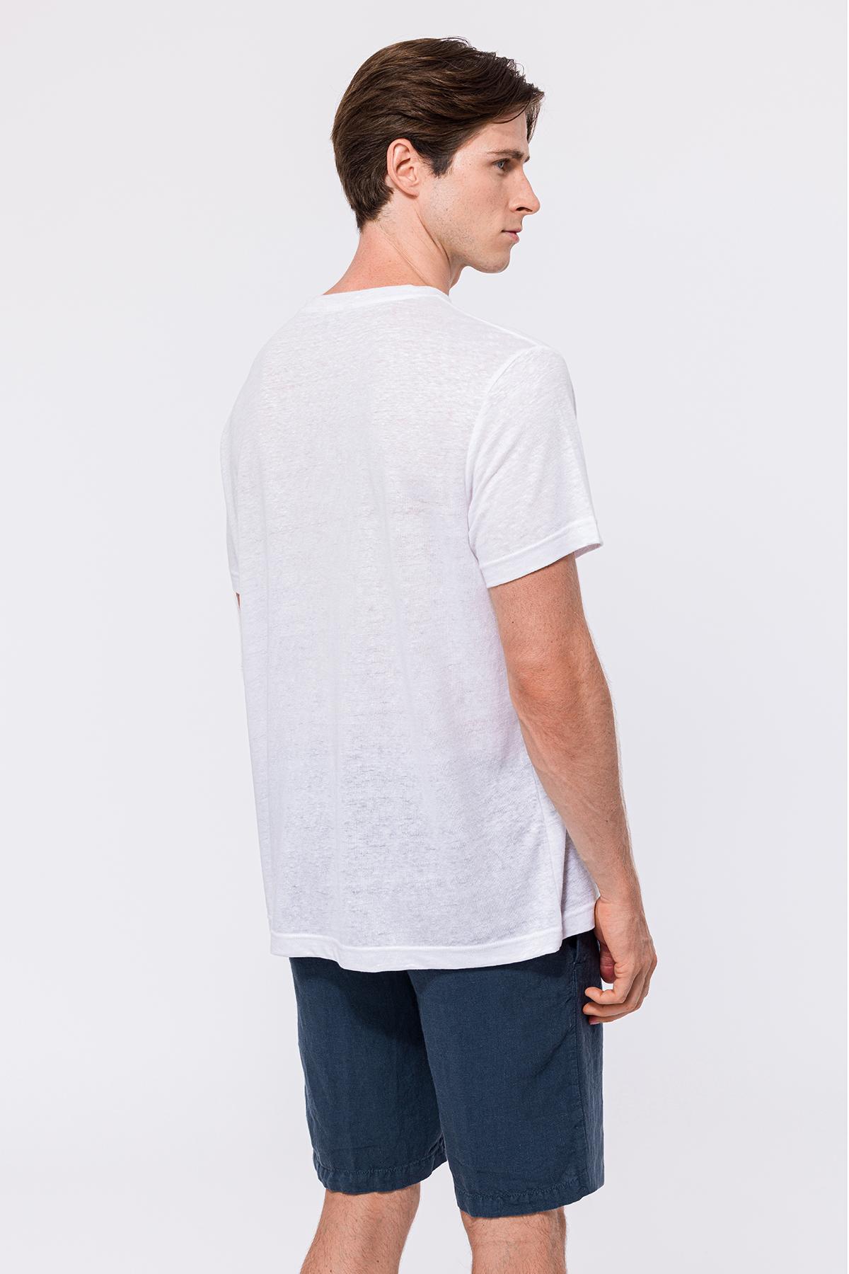 Erkek Beyaz Bisiklet Yaka Keten T-Shirt